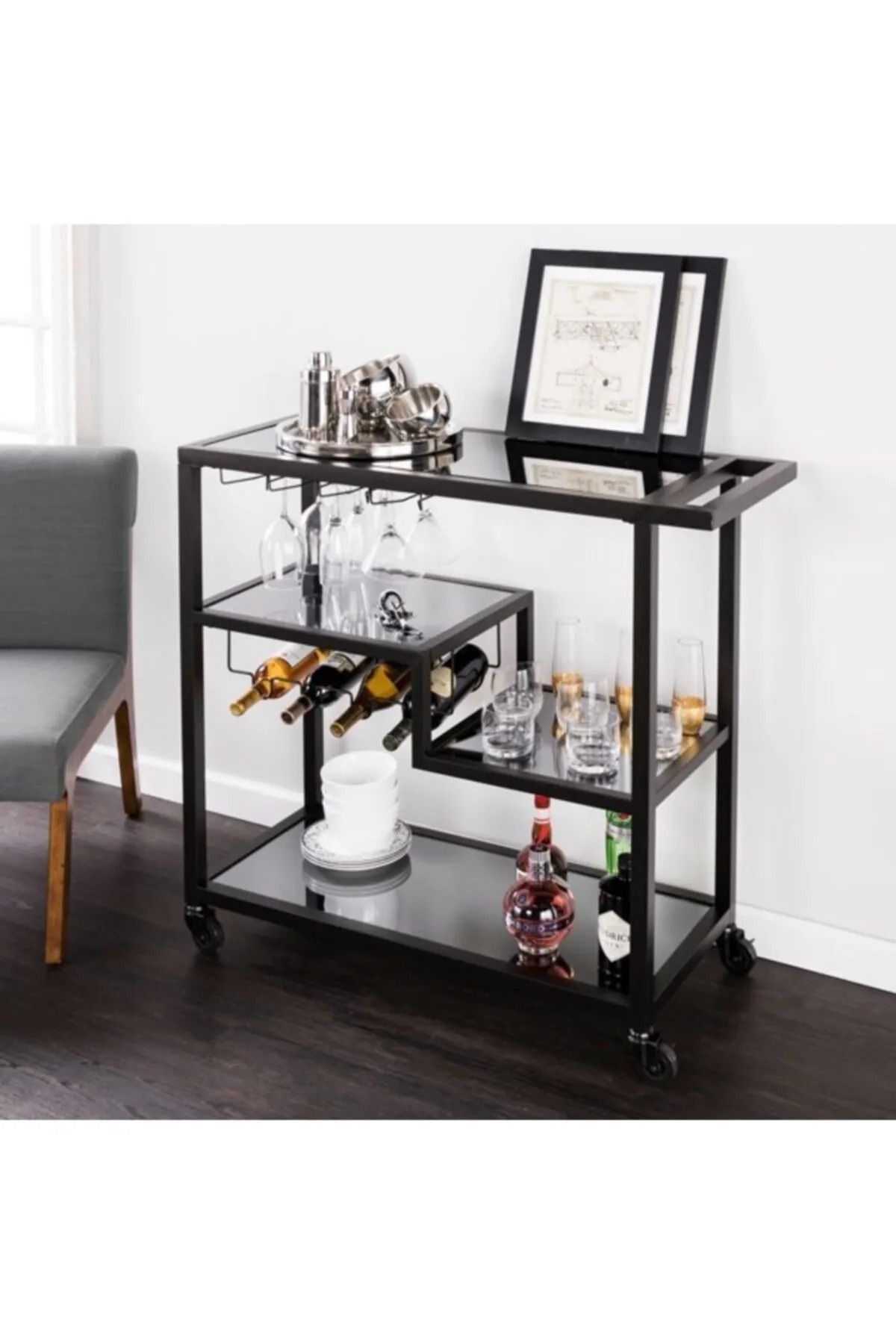 df doffo.com.tr creative furniture designs Siyah Servis Ve Sunum Arabası, Ayna Raflı Servis Arabası