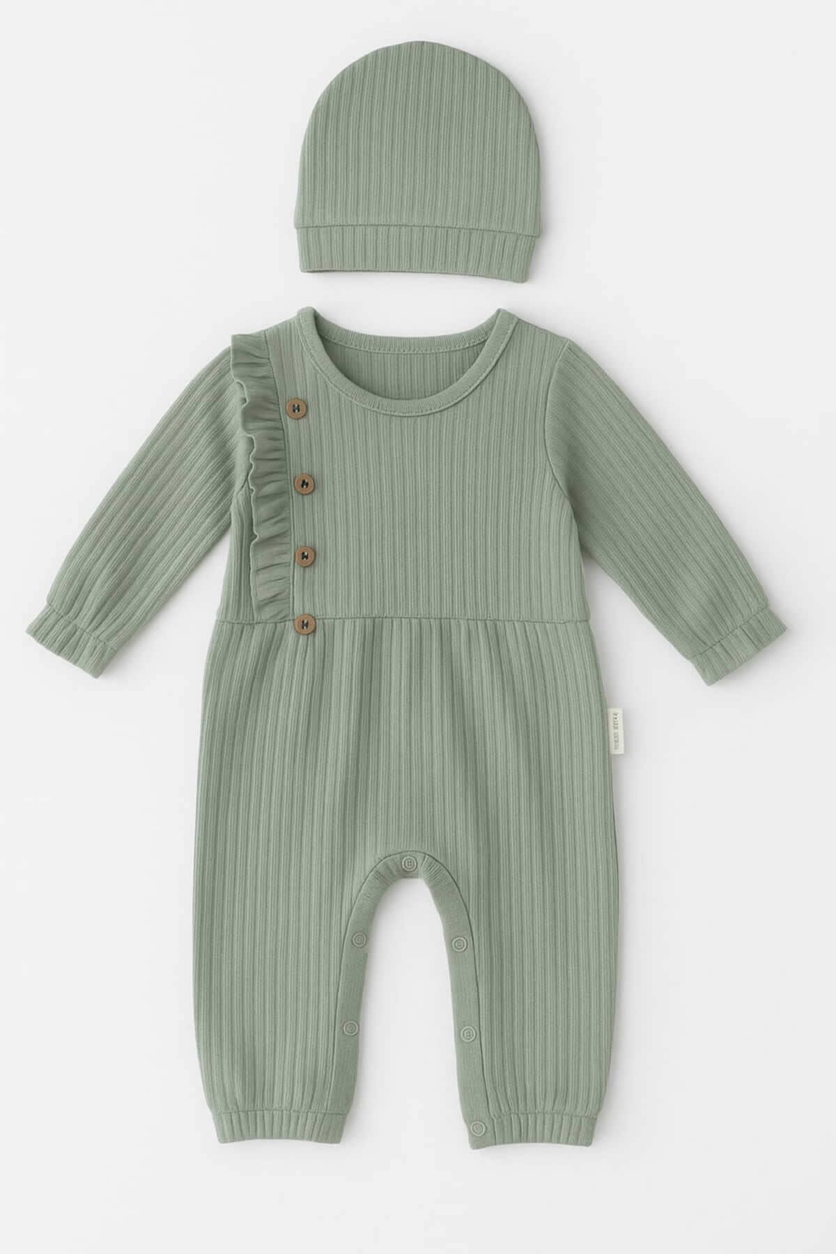 krm kerem bebe Fitilli Fırfır Detaylı Şapkalı Bebek Tulum