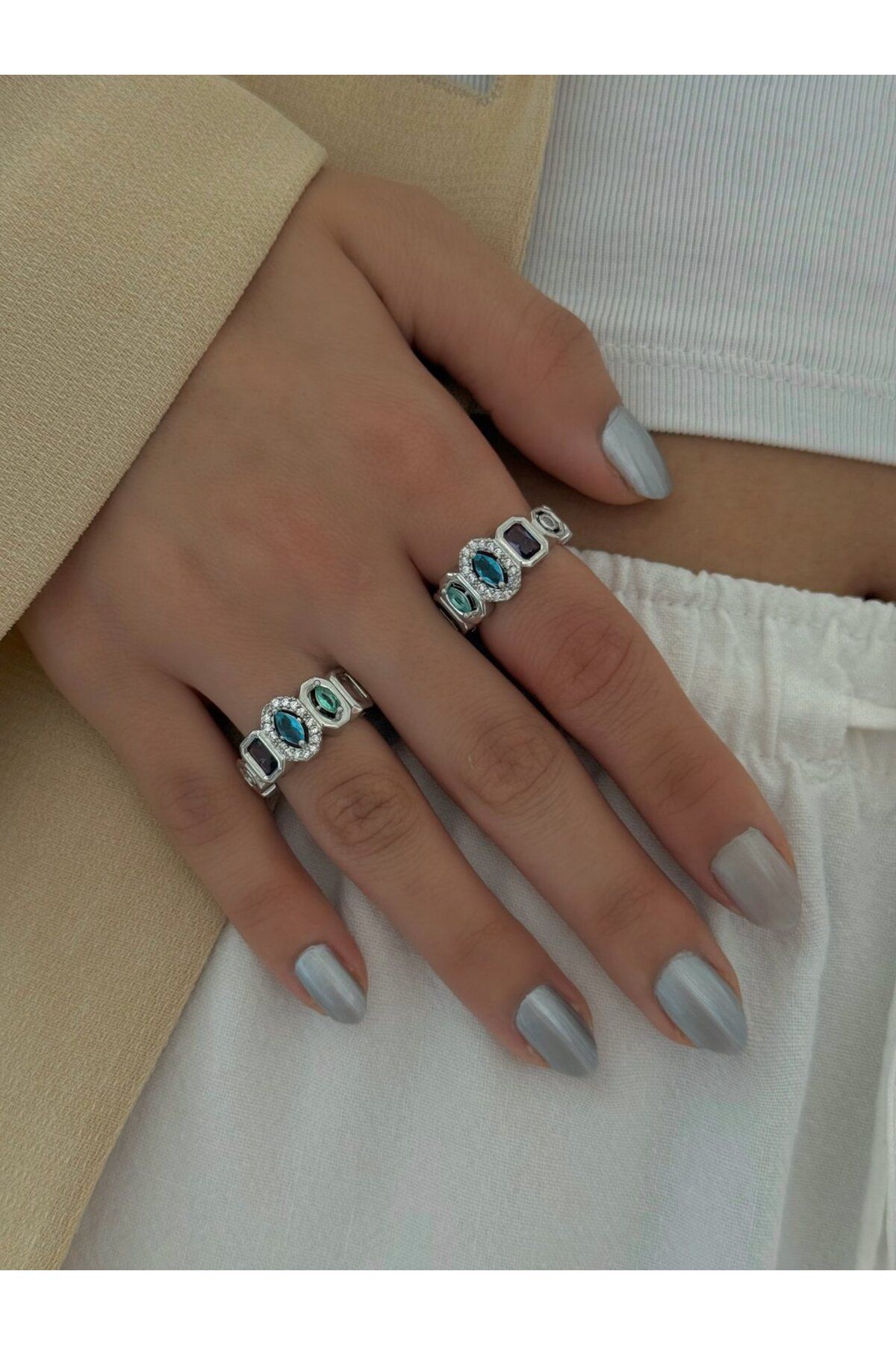 h&b design jewel Çelik Renkli Baget Taşlı Yüzük