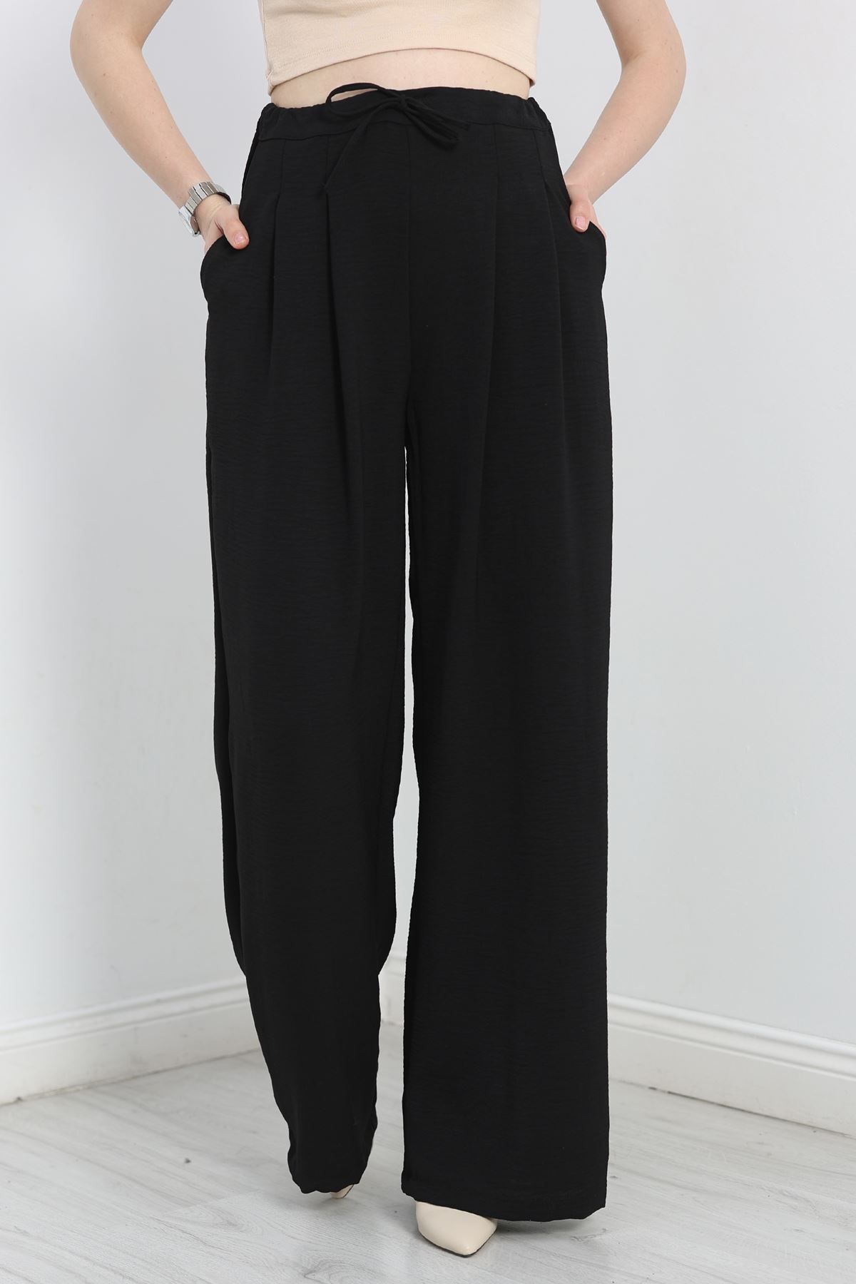 Fashi10 Beli Lastikli Bol Paça Pantolon Siyah