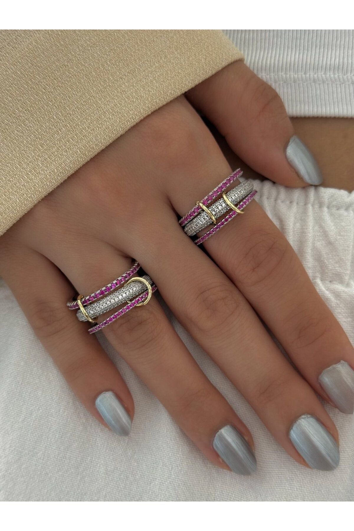 h&b design jewel Çelik Pembe Full Taşlı Renk Spiral Yüzük
