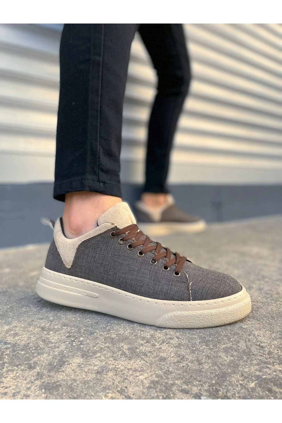 KÖMEN Kömen JY204 Flex Bağcıklı Keten Kumaş Erkek Günlük Sneaker Ayakkabı KKT - Kahverengi/Krem