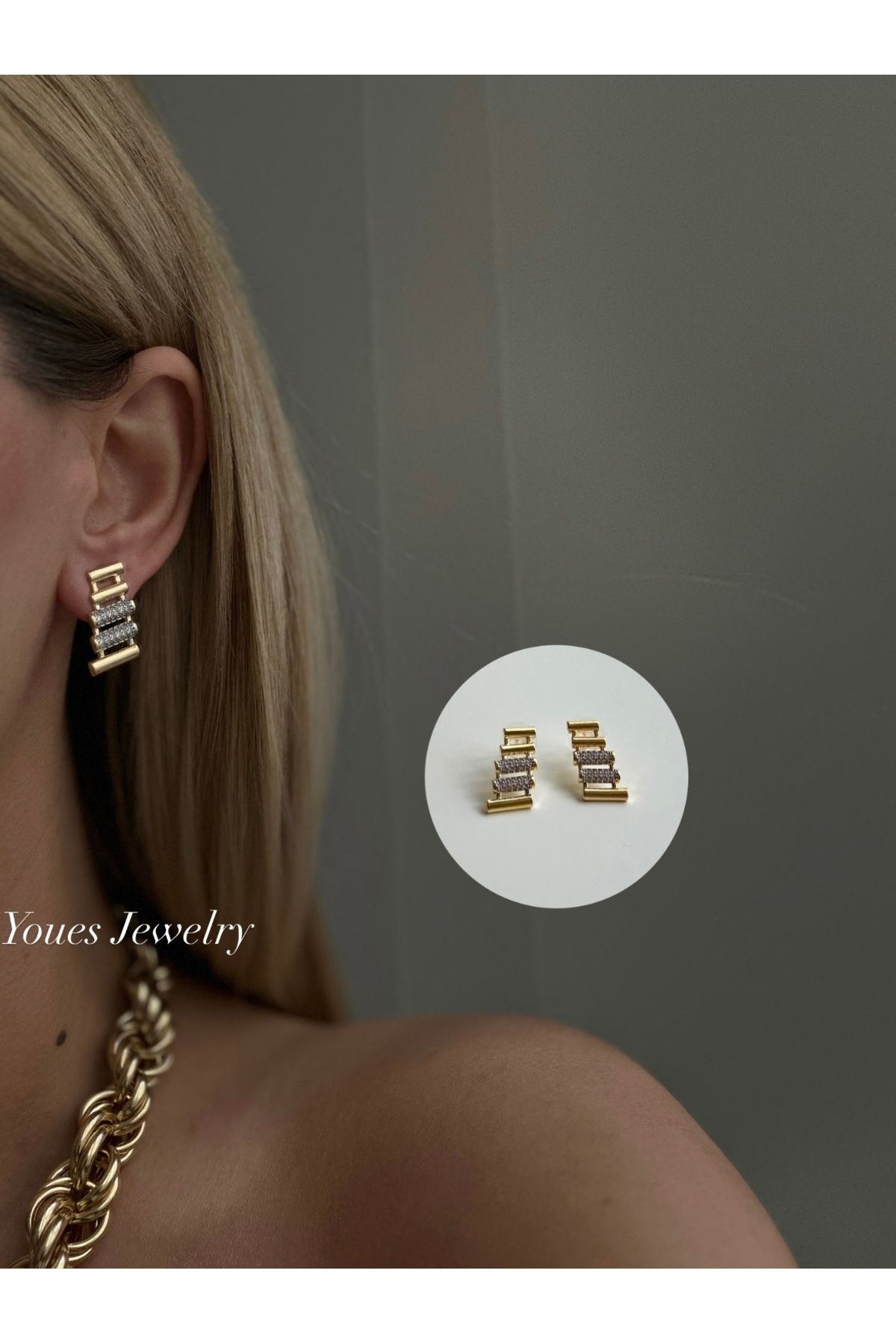YOUES JEWELRY 316l Çelik 14 K Renk MİX Lüx Çift Renk Gold Silver VIP Seri Premium Kadın Küpe