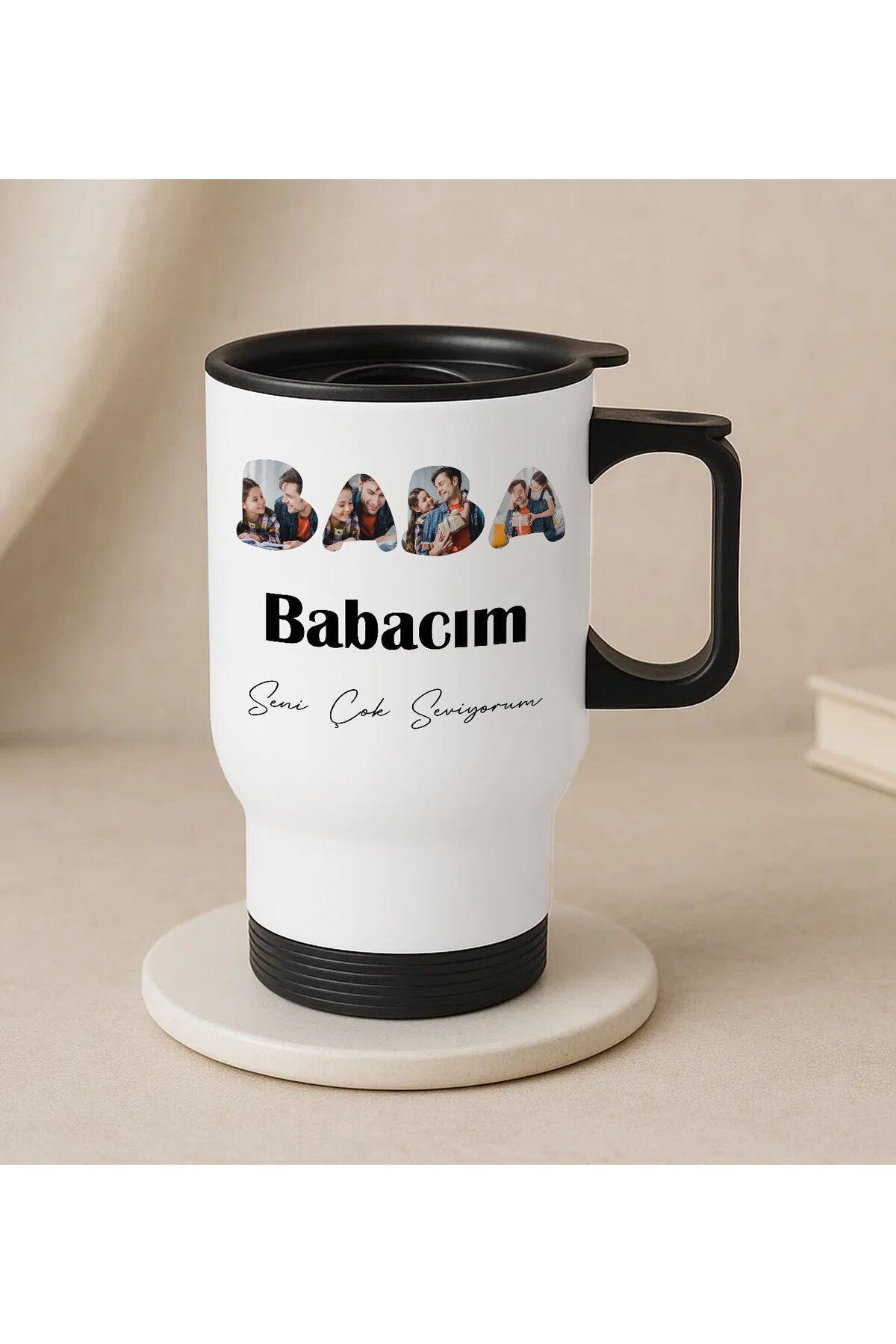 Bk Gift Kişiye Özel Fotoğraflı Babalar Günü Tasarımlı Kulplu Beyaz Çelik Bardak Termos Mug 450ml-3,