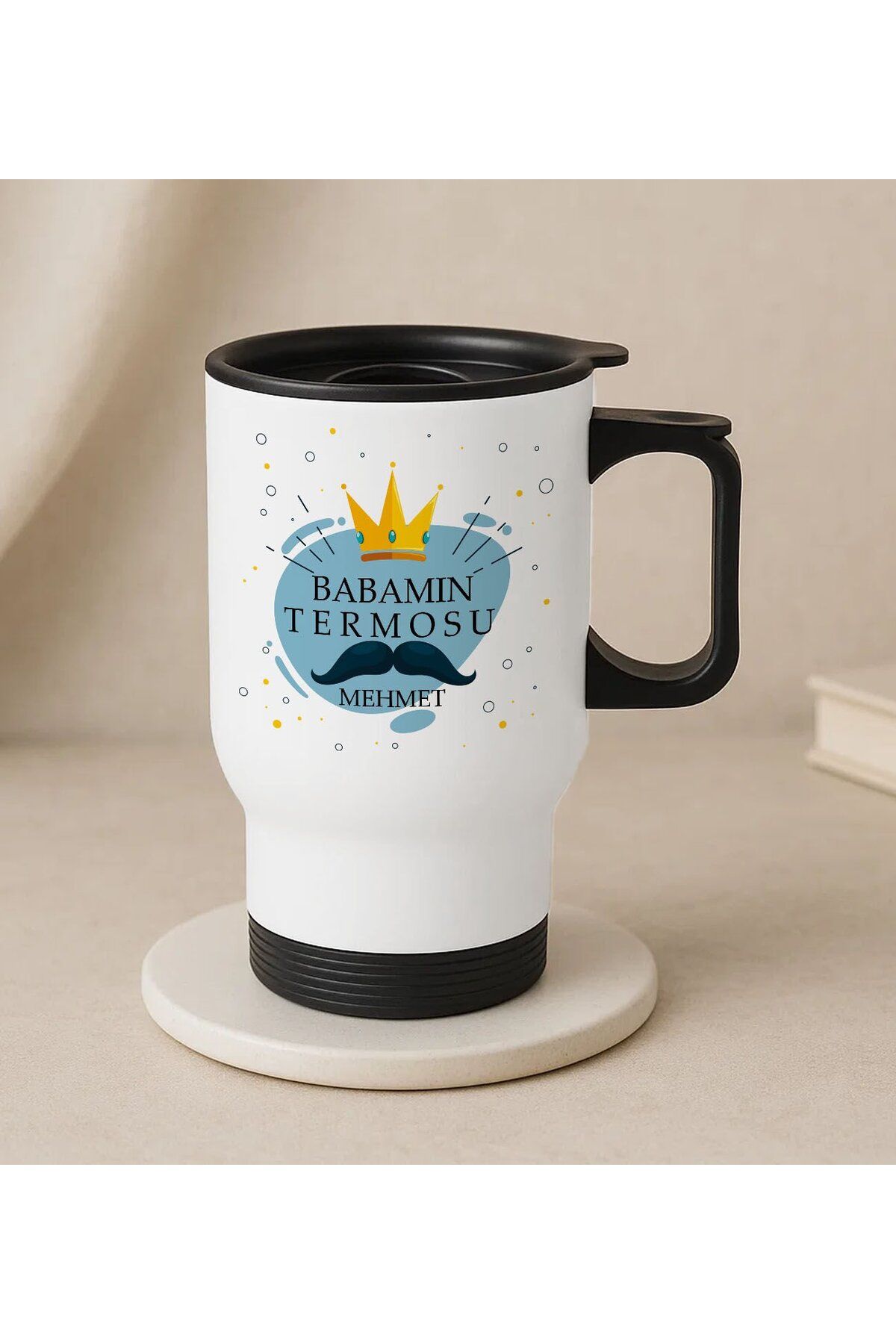 Bk Gift Kişiye Özel Babalar Günü Tasarımlı Kulplu Beyaz Çelik Bardak Termos Mug 450ml-2, Babalar Gün