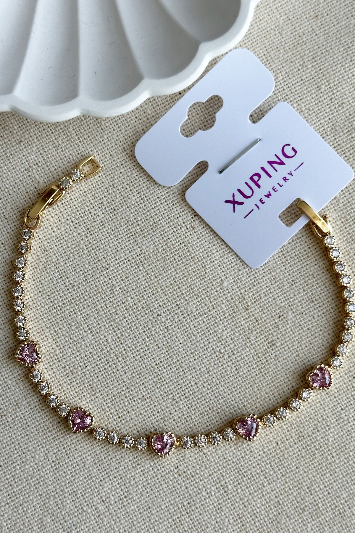 Modacaprea Xuping 14K Dikdörtgen Pembe Kalpli Su Yolu Kadın Bileklik 16+2 cm | Altın Renk Kararmaz Xuping Takı