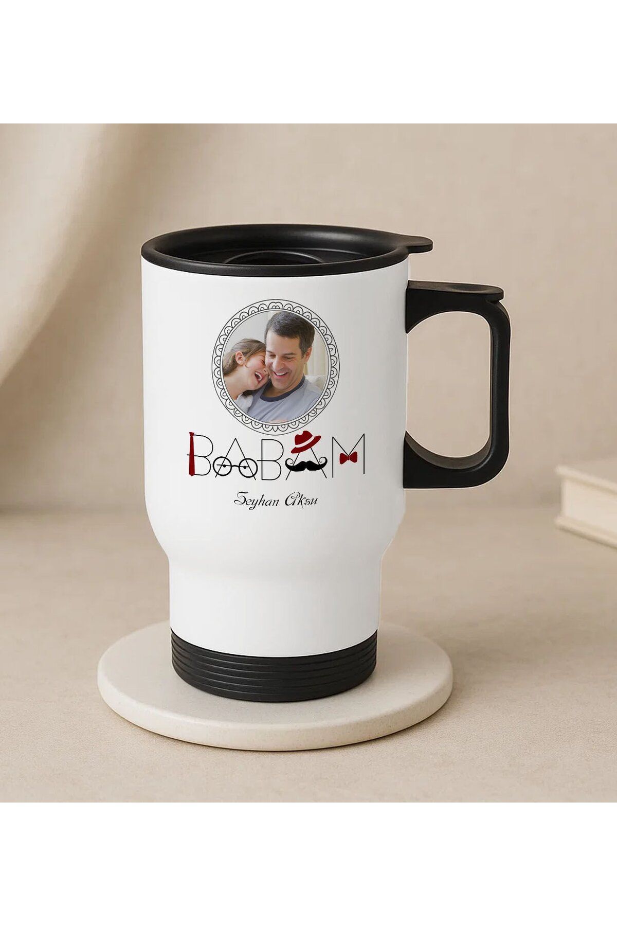 Bk Gift Kişiye Özel Fotoğraflı Babalar Günü Tasarımlı Kulplu Beyaz Çelik Bardak Termos Mug 450ml-1,