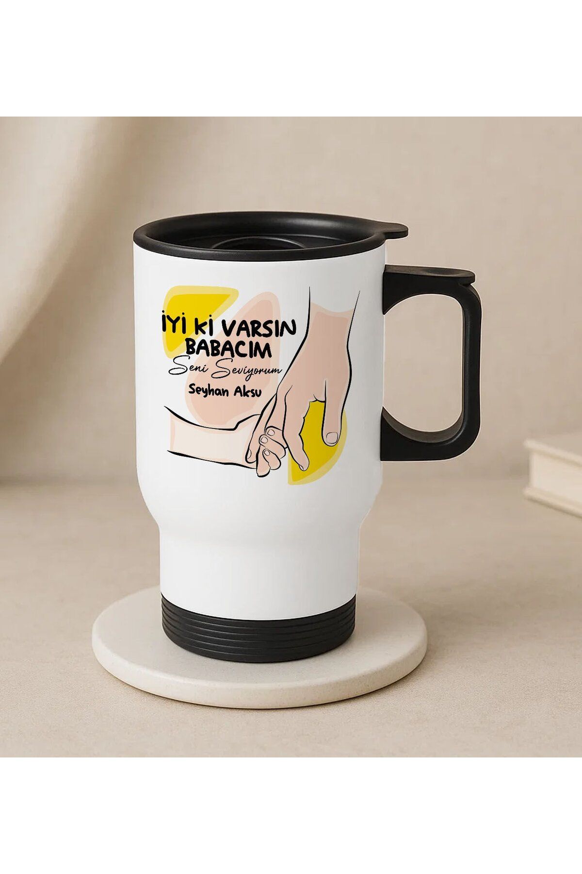 Bk Gift Kişiye Özel Babalar Günü Tasarımlı Kulplu Beyaz Çelik Bardak Termos Mug 450ml-7, Babalar Gün