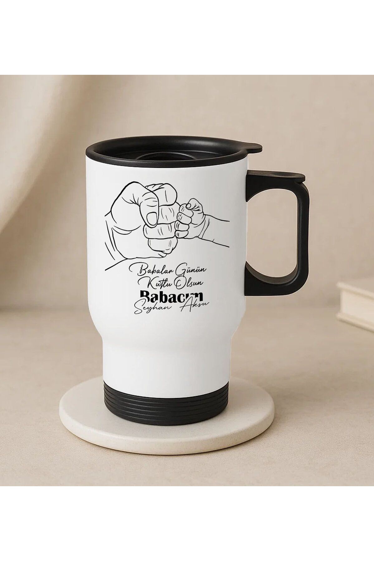 Bk Gift Kişiye Özel Babalar Günü Tasarımlı Kulplu Beyaz Çelik Bardak Termos Mug 450ml-5, Babalar Gün