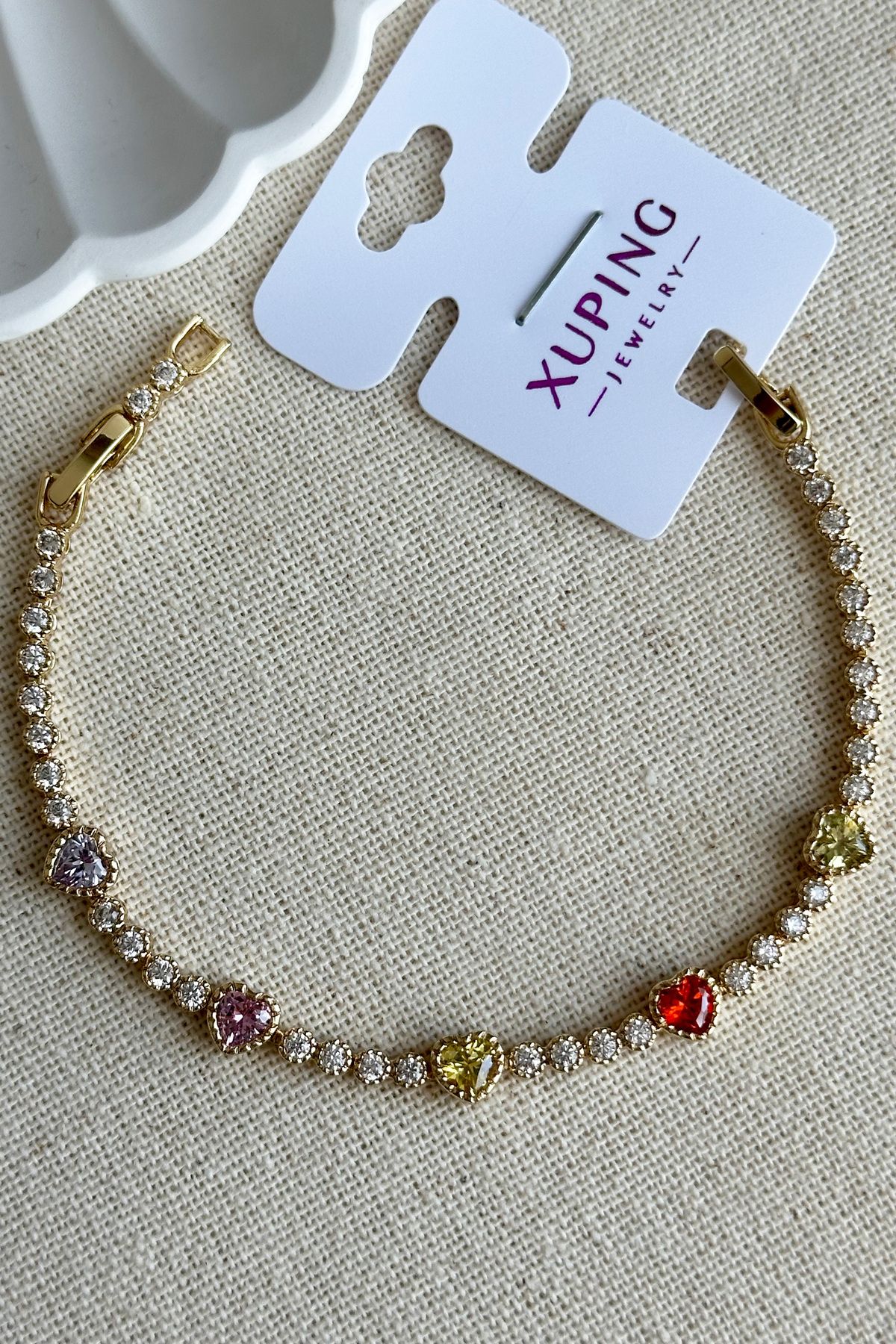Modacaprea Xuping 14K Renkli Taşlı Kalpli Su Yolu Kadın Bileklik 16+2 cm | Altın Renk Kararmaz Xuping Takı