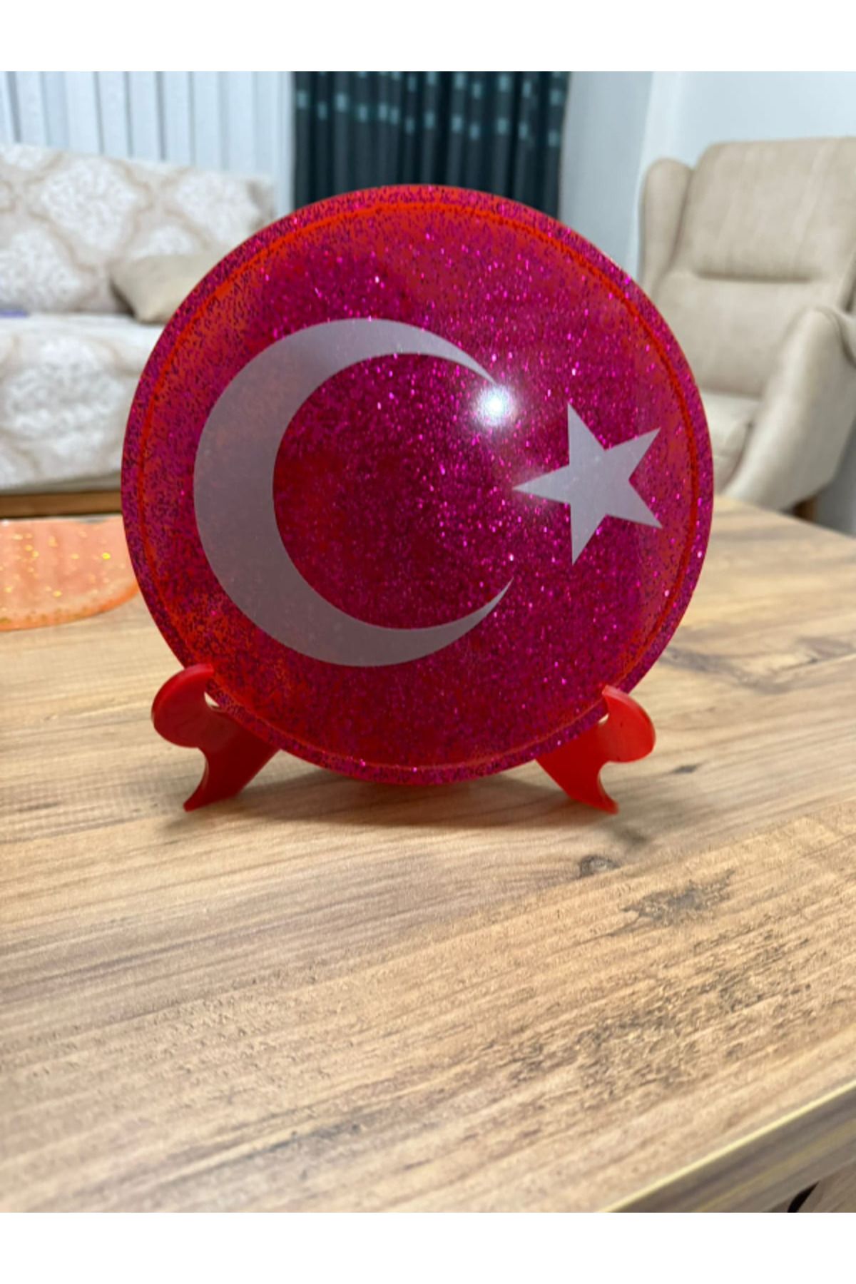 veraepoksi Simli Ay Yıldız Tasarım Epoksi Dekor Tabak – Kırmızı Standlı Masa Üstü Türk Bayrak Objeli