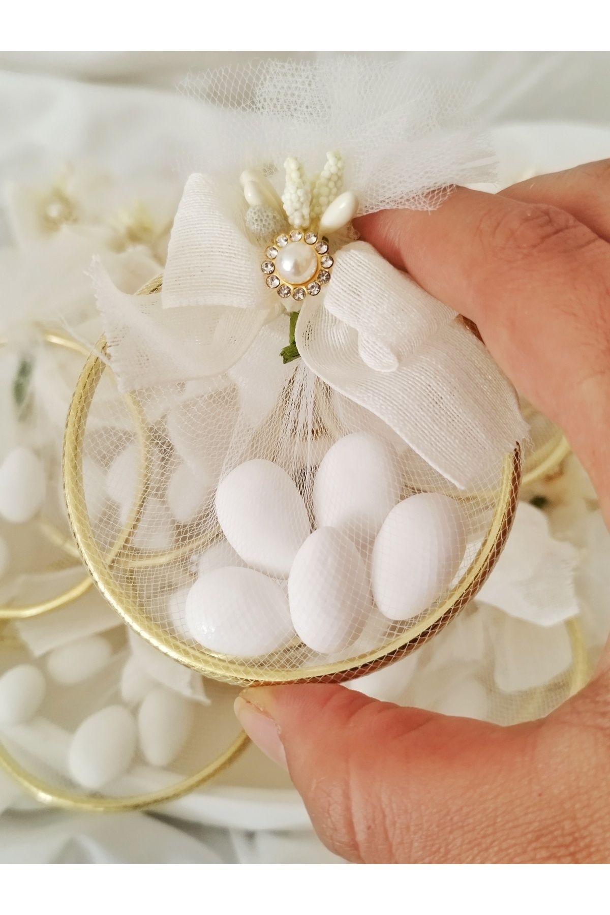 LADYBİRDAKSESUAR kişiye özel etiketli 7 Cm Gold Halka nikah şekeri 12 adet veya 24 adet