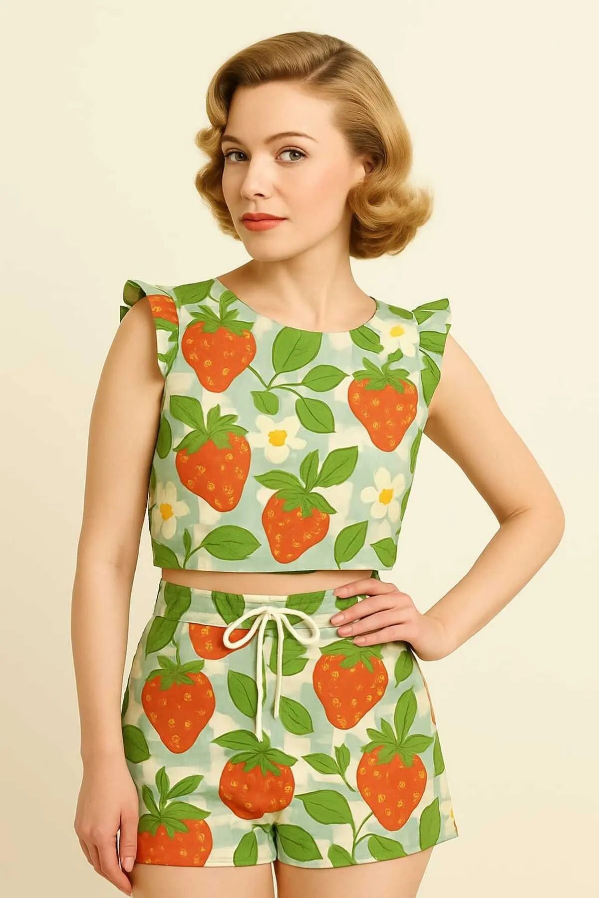 PEMBİŞ HOMEWEAR RETRO MODEL Yeşil Çilekli Bürümcük Şort Takımı