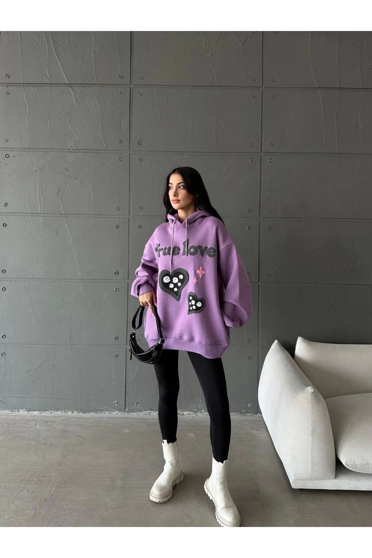 KAZAX 3 iplik şardonlu oversize compact true baskılı sweat mor