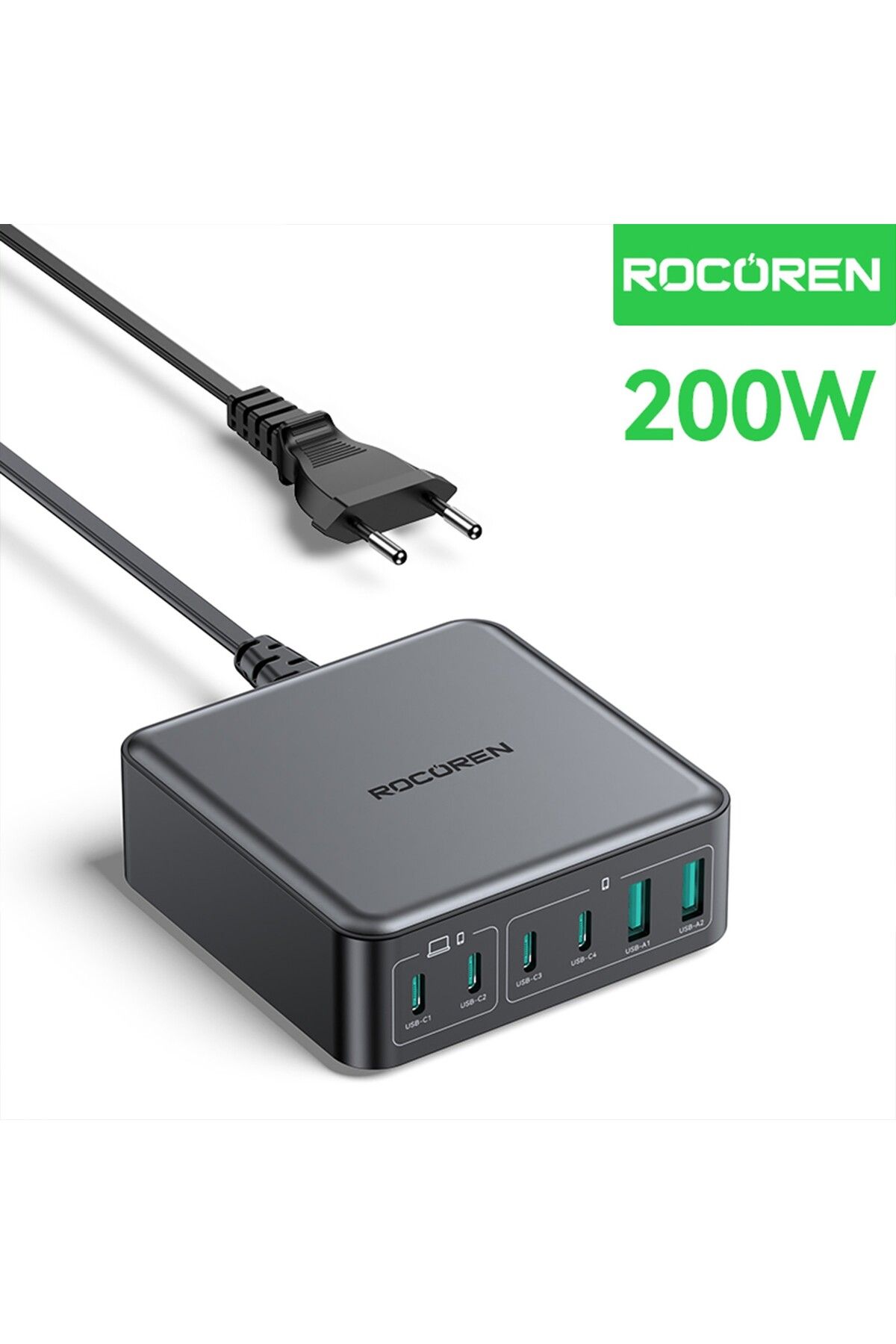 Rocoren 200W Gan 6 Portlu Şarj Cihazı 4*Type-C 2*USB-A Macbook iPhone Samsung Uyumlu Şarj İstasyonu