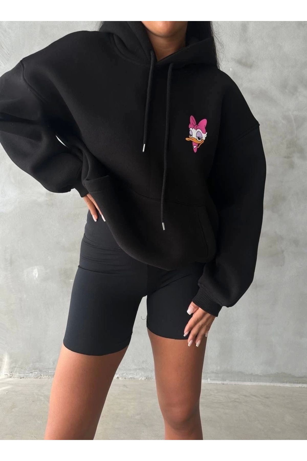KAZAX 3 iplik şardonlu oversize compact ördek baskılı sweat siyah