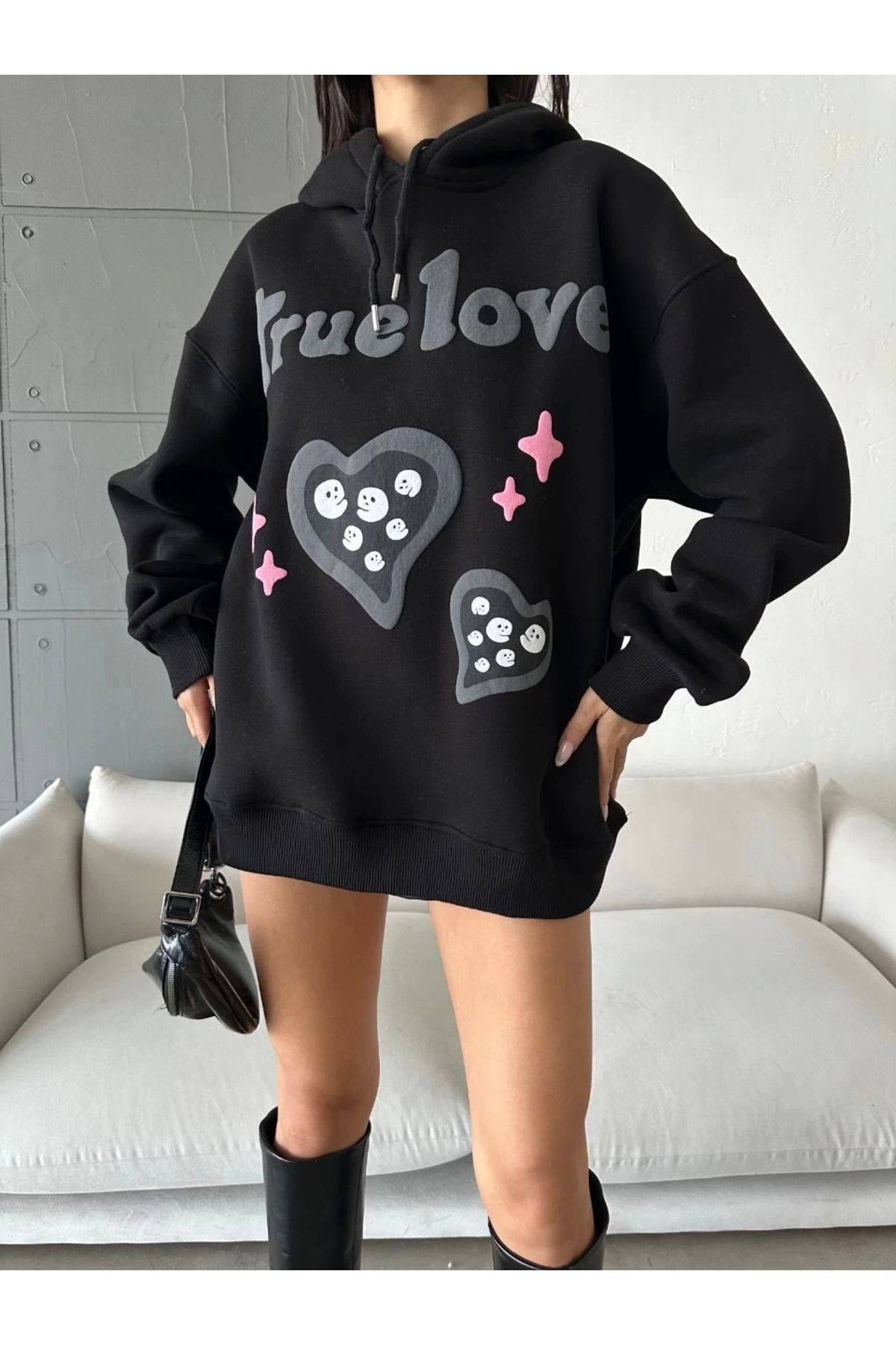 KAZAX 3 iplik şardonlu oversize compact true baskılı sweat siyah