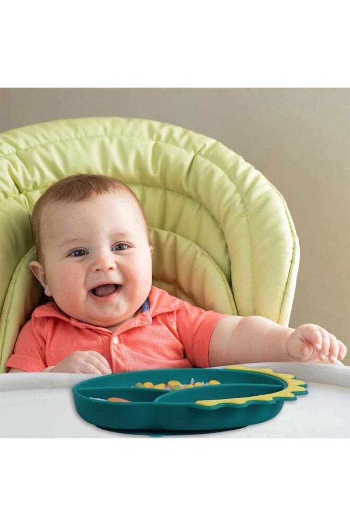 COOYA-3 Pcs Baby Feeding Bowl Spoon Fork Set, Cartoon Dinosaur Silicone Suction Divided Plate 7