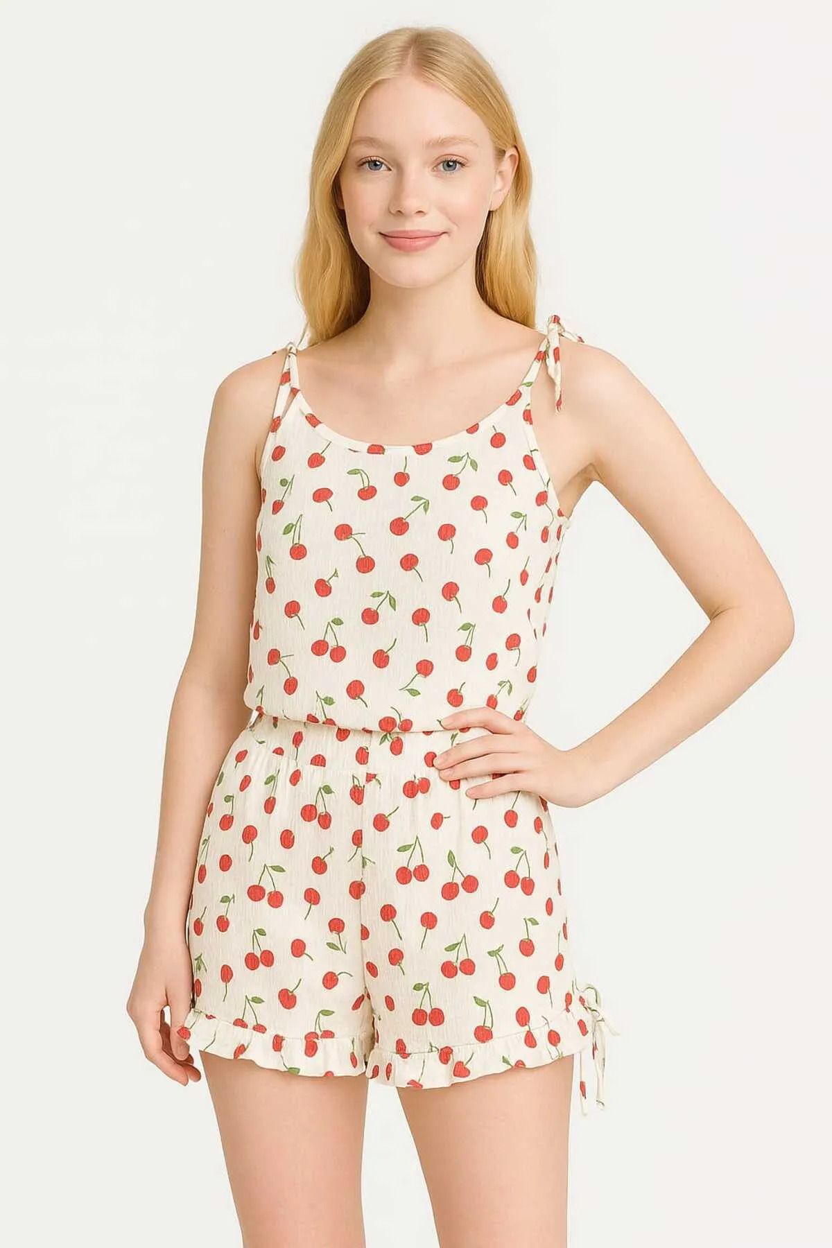 PEMBİŞ HOMEWEAR Bürümcük Askılı Small Cherry Şort Takımı