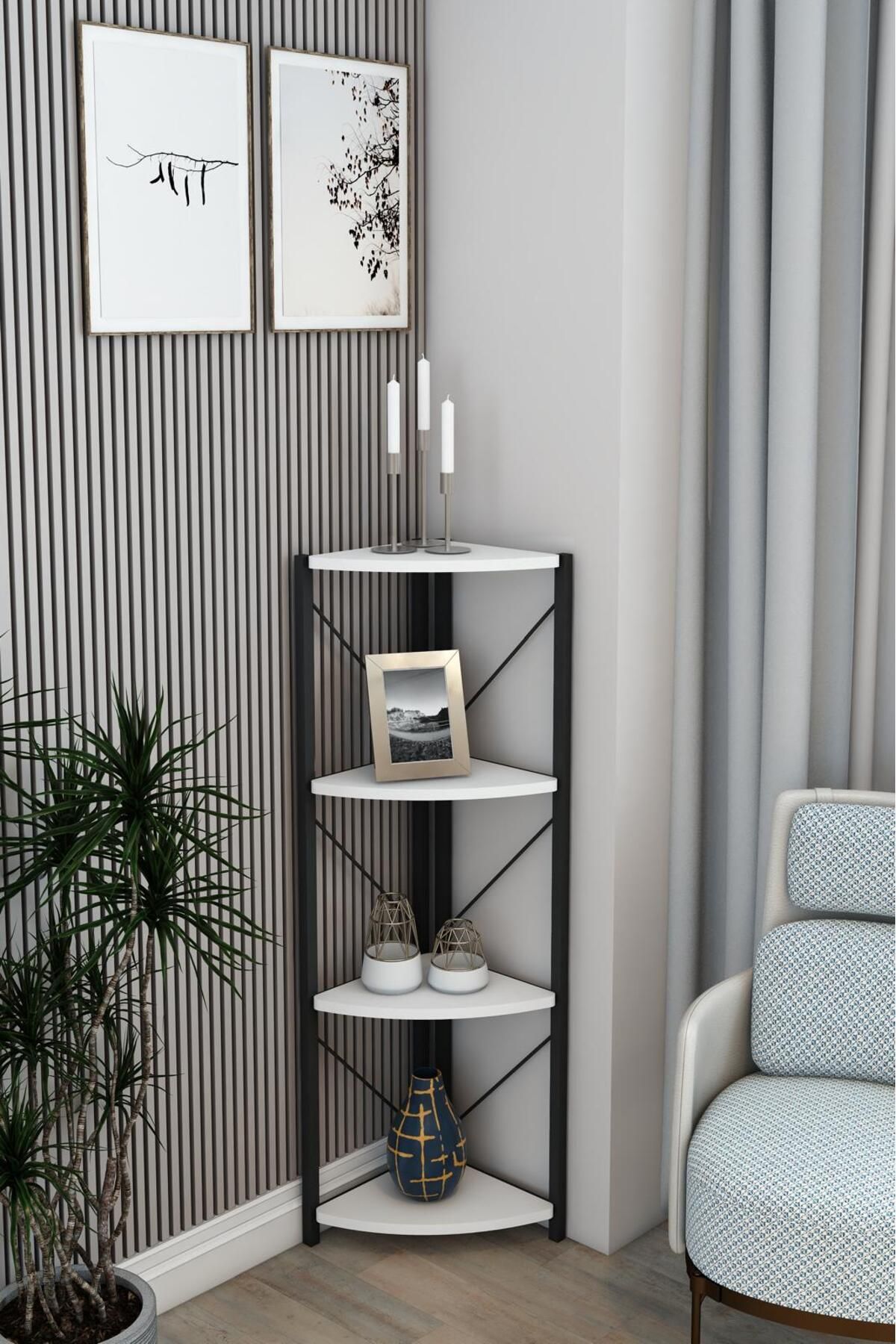 Remaks Datça 4 Raflı Metal Köşe Kitaplık Rafı Dekoratif Aksesuar Rafı Beyaz