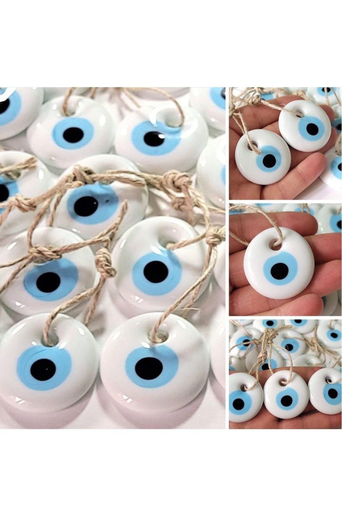 Ellanın Çarşısı 10 adet 4 Cm Beyaz Cam Nazar Boncuğu Delikli Cam Nazarlık.
