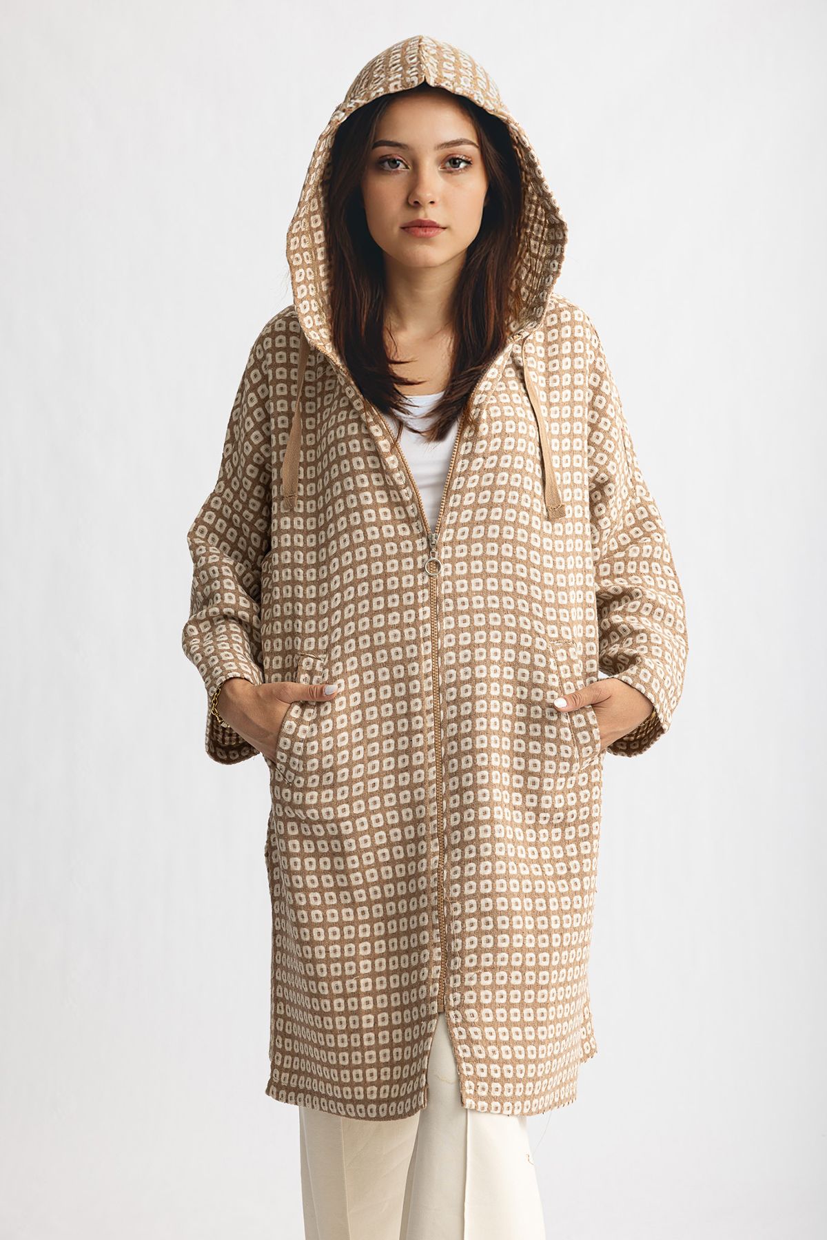 Suede Style 1819 Rahat Şık Kadın Dokuma Kapüşonlu Fermuarlı Tunik
