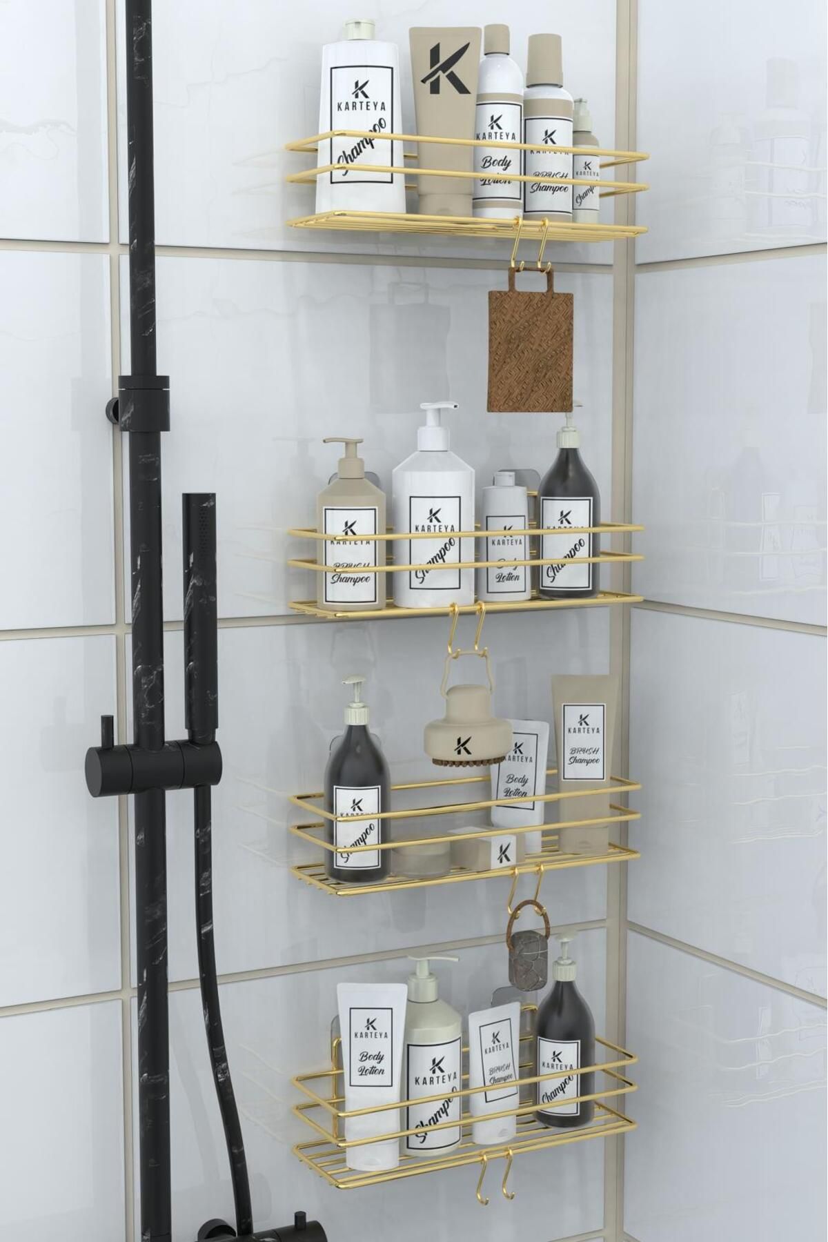 ELAMOUR Gold Yapışkanlı Banyo Düzenleyici Şampuanlık Duş Rafı Banyo Organizeri 4'lü Set