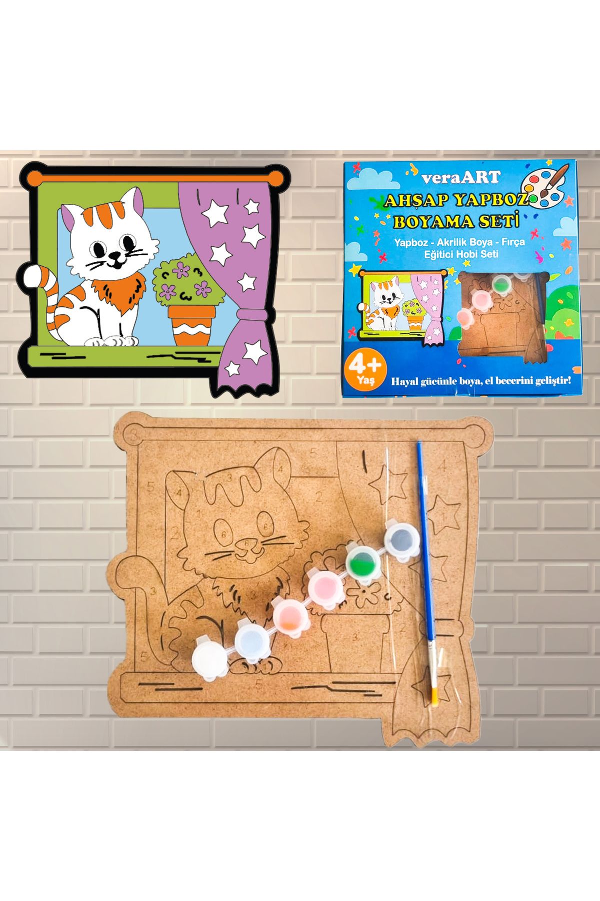 veraART Ahşap Kedi Boyama Seti Yapboz Akrilik Boya Fırça Sanat Hobi Set Eğitici Boyama Oyuncak