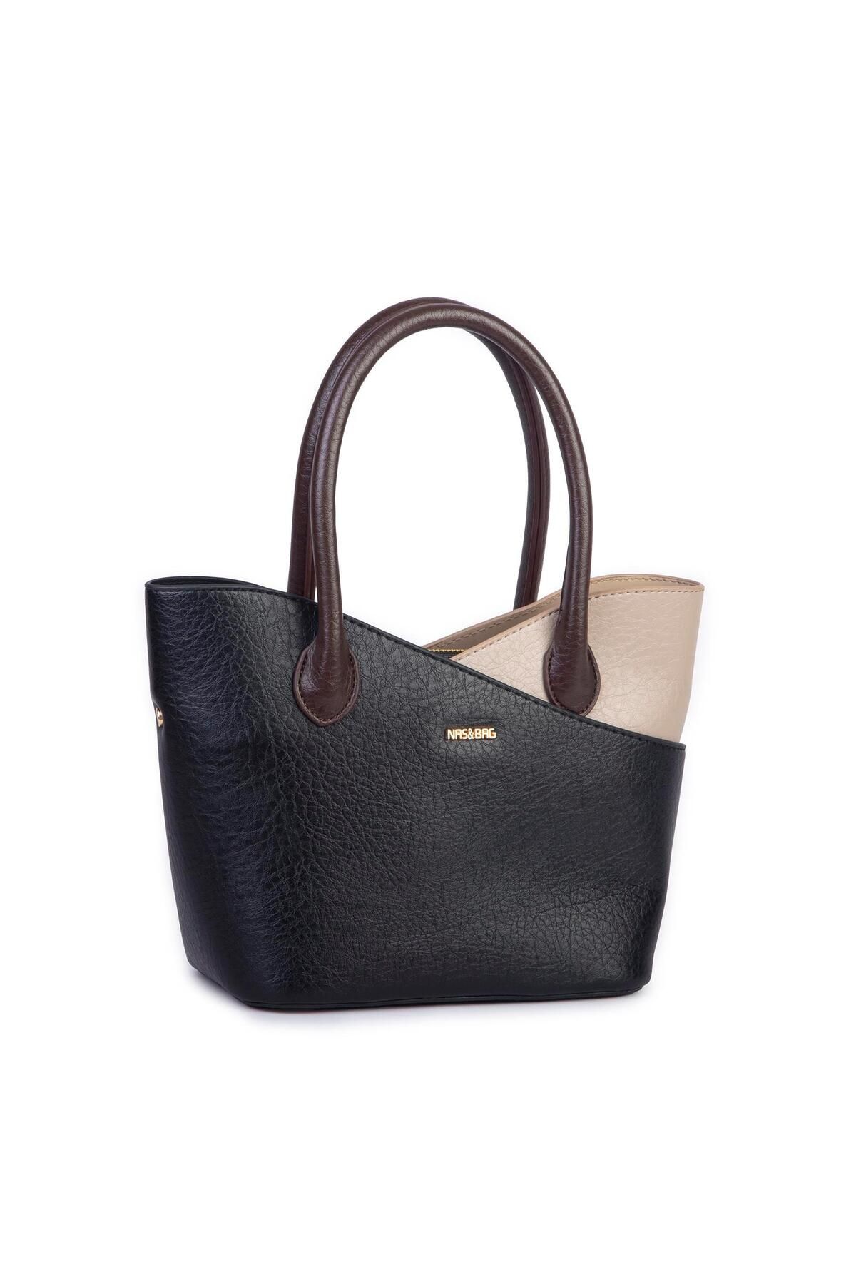 Nas Bag Kadın El ve Omuz Çantası Premium Seri Siyah Kum Kahve Victoria