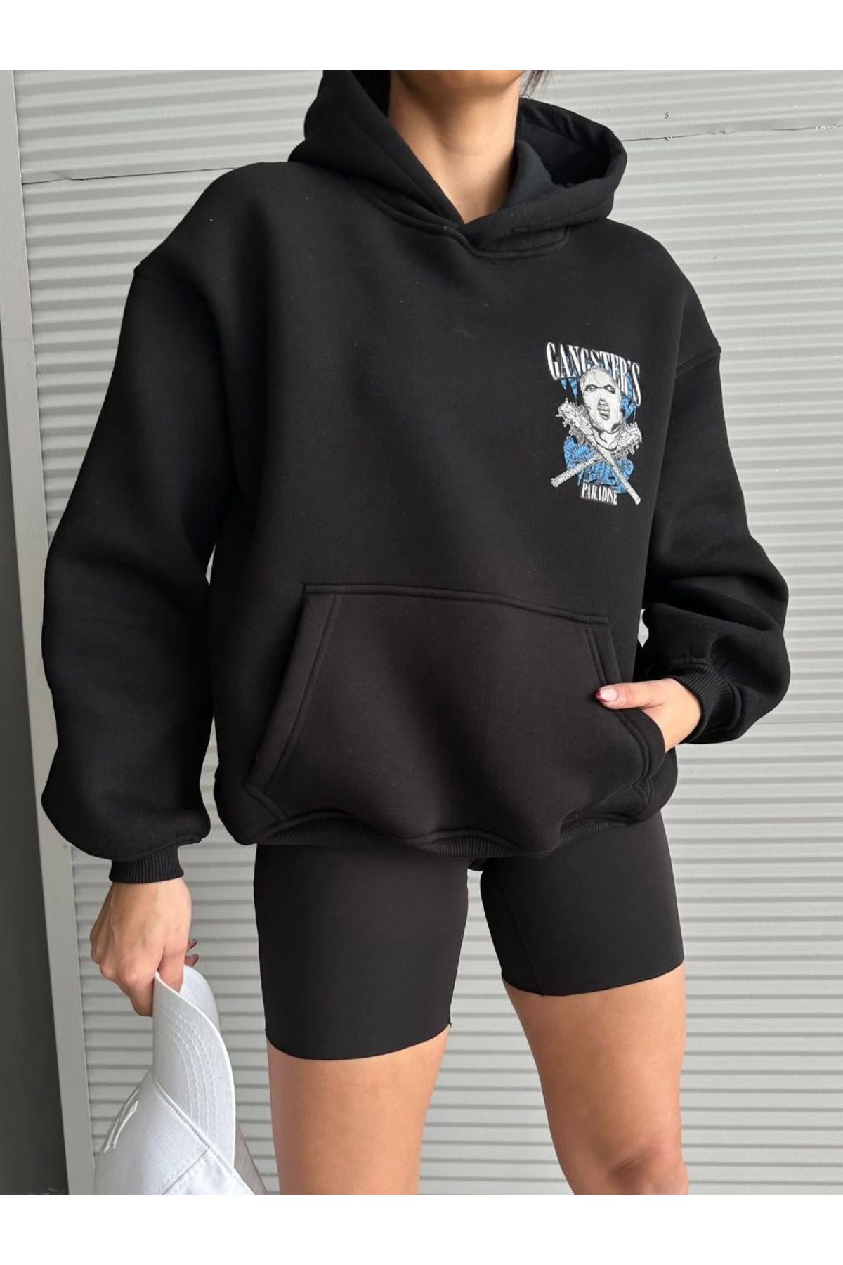 Zerenyus 3 iplik şardonlu oversize compact kafa baskılı sweat siyah