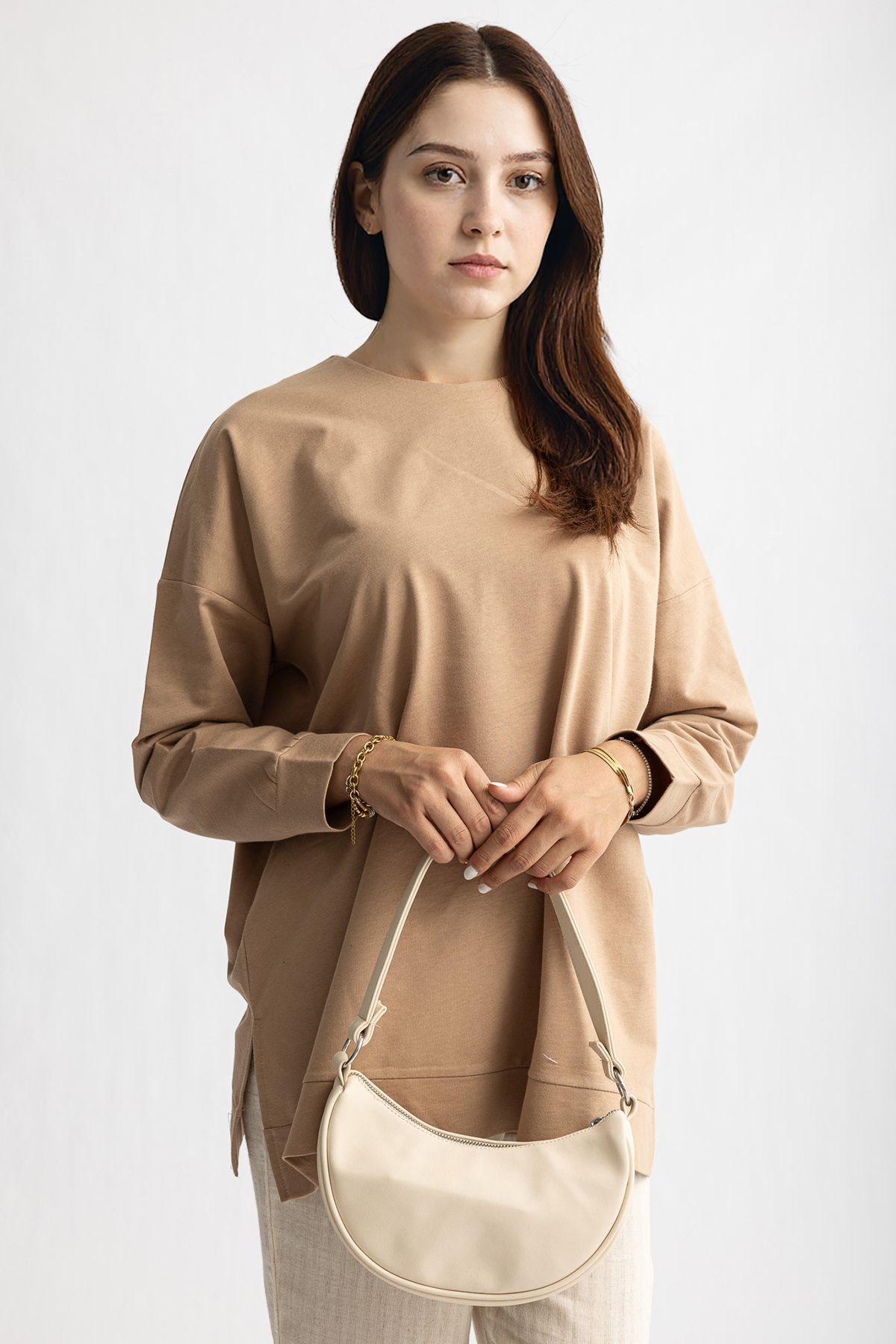 Suede Style 5415 -2 İplik İnce Rahat, Basic Düz Kadın Uzun Sweatshirt