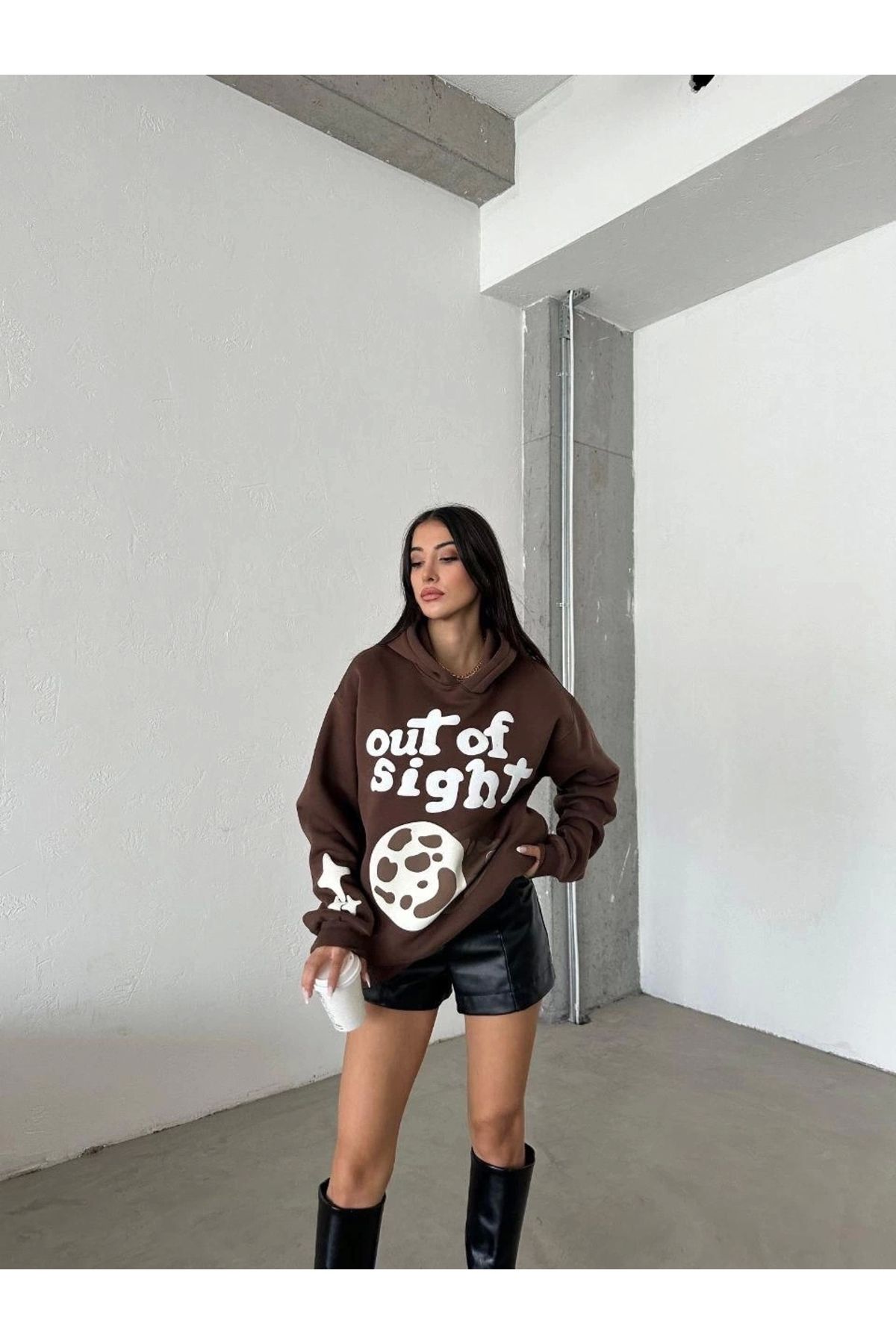 gizmurstore 3 iplik şardonlu oversize compact out of baskılı sweat kahve