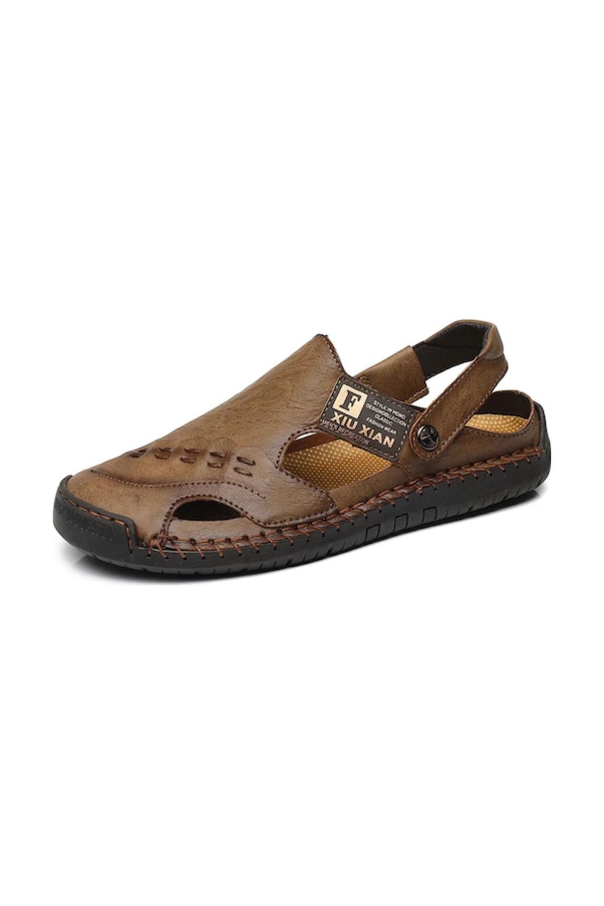 AyShop Erkek Deri Burnu Kapalı Kahverengi Sandalet