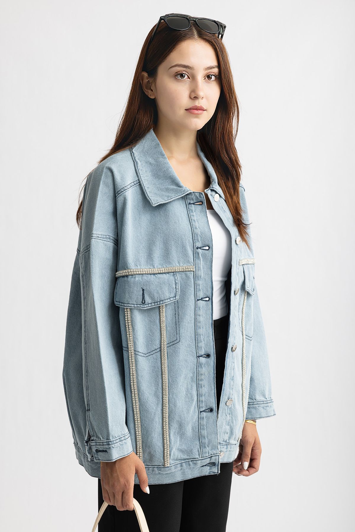 Suede Style 5294 - Kot Yapıştırma Şerit Süslemeli Rahat Şık Kadın Kot Ceket