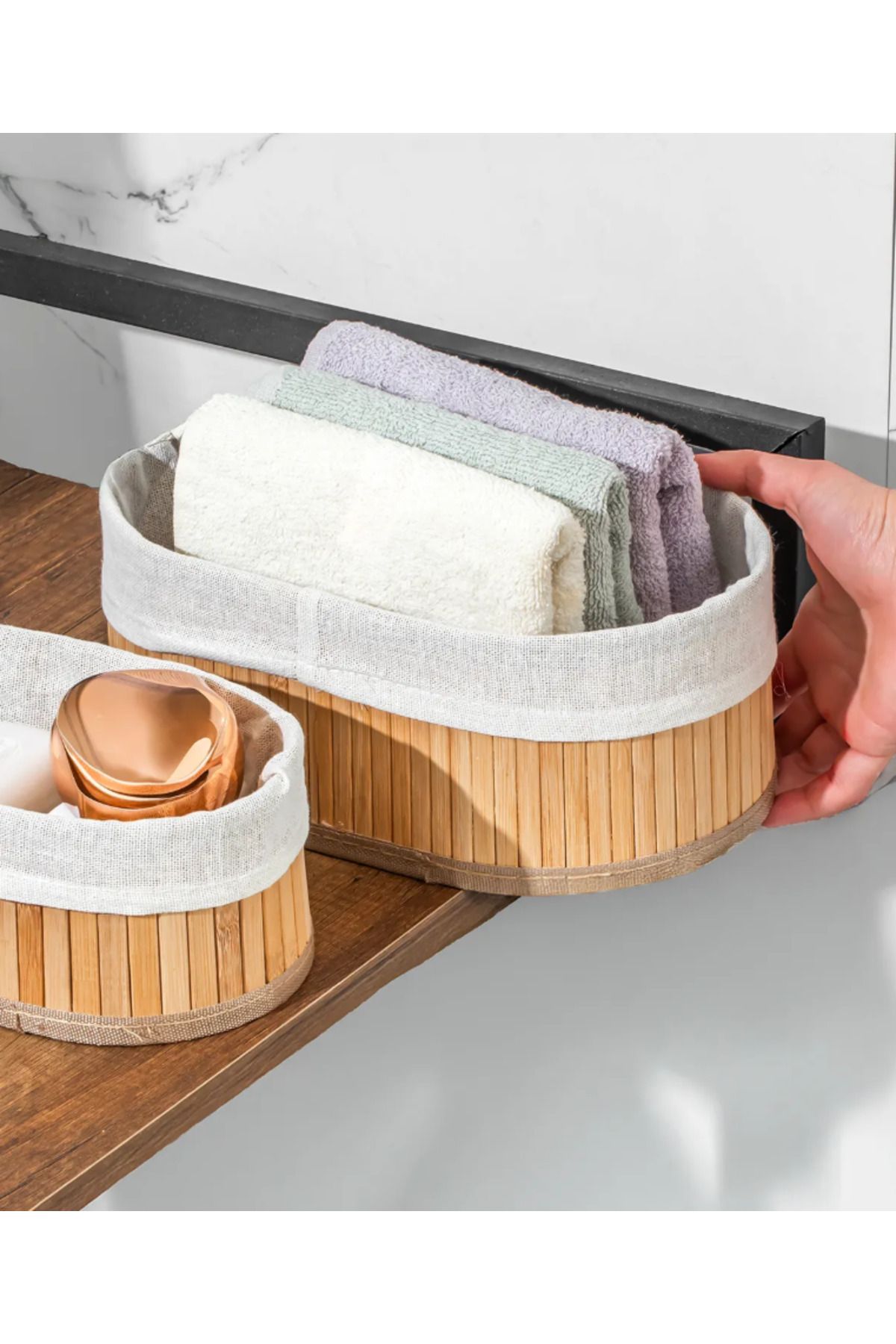 Flash Bazaar Oval 3'lü Sepet Bambu Sepet seti Dekoratif Banyo Mutfak Düzenleyici Organizeri