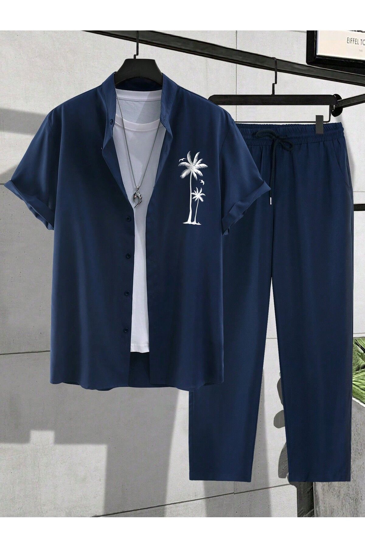 aynewmoda Palmiye desenli kısa kollu tek düğmeli keten gömlek, bağcıklı bel ve uzun pantolon takımı