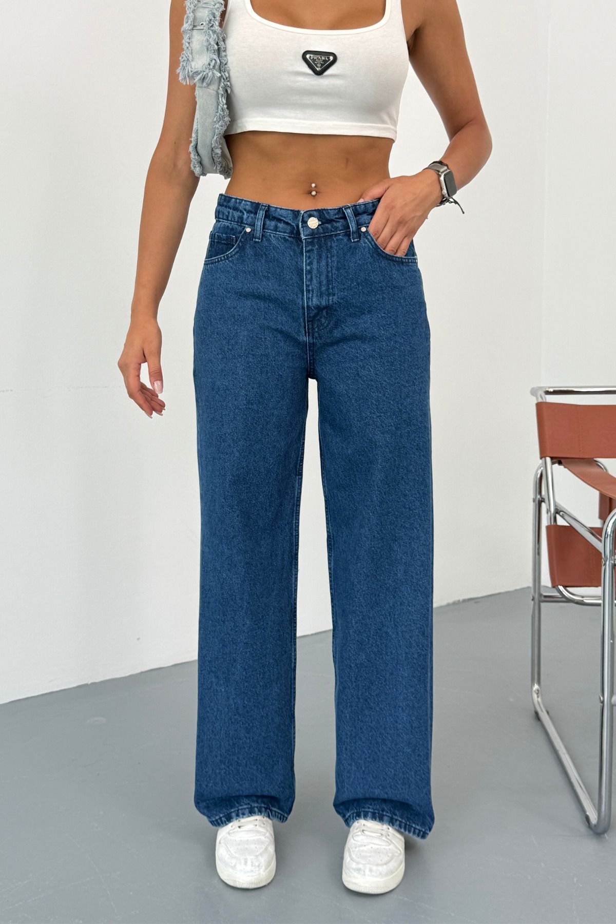 alanora Lacivert Yüksek Bel Wide Leg Jeans Pantolon