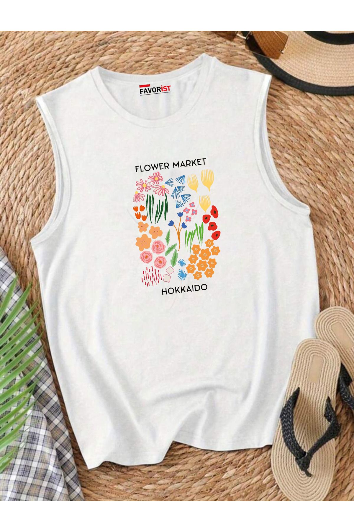 FAVORİST Şehrin Çiçekleri Omuzu Açık Kadın Pamuklu Kolsuz Yazlık T-shirt Atlet