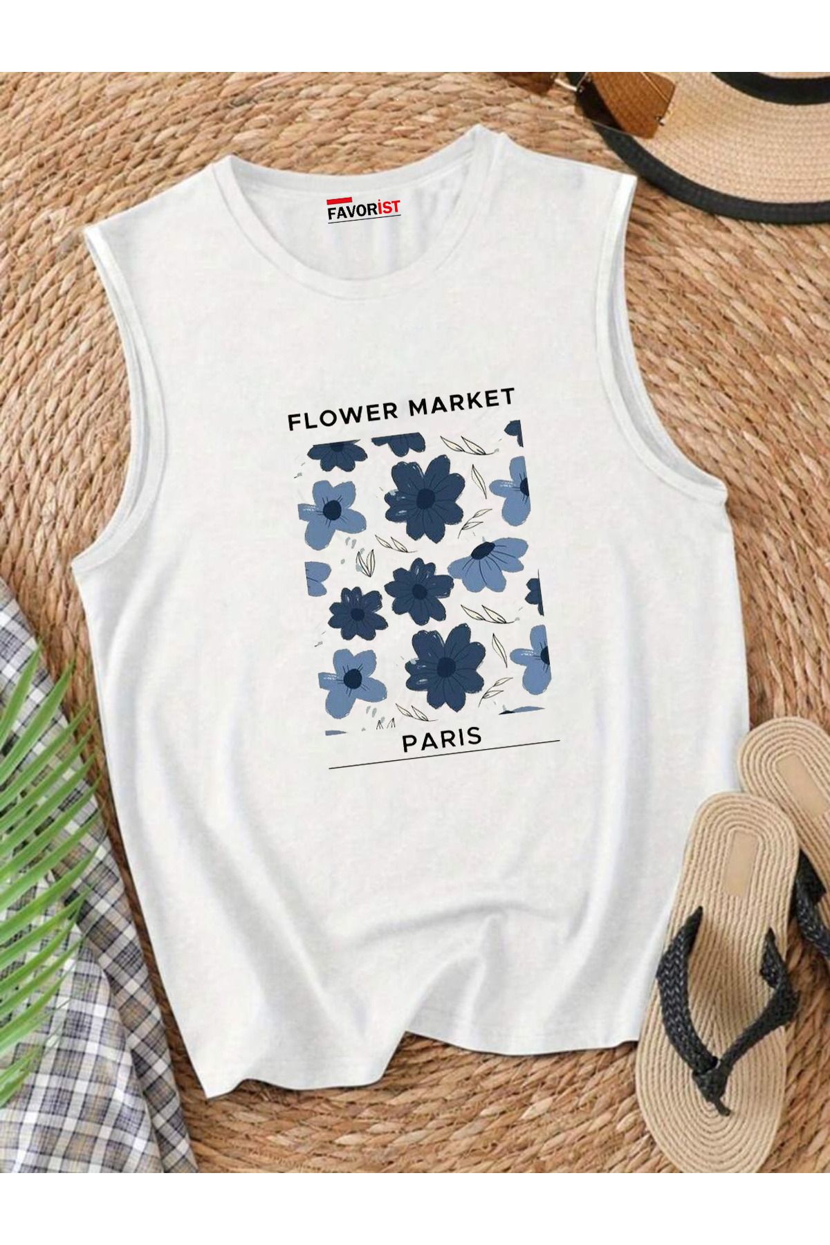 FAVORİST Şehrin Çiçekleri Omuzu Açık Kadın Pamuklu Kolsuz Yazlık T-shirt Atlet