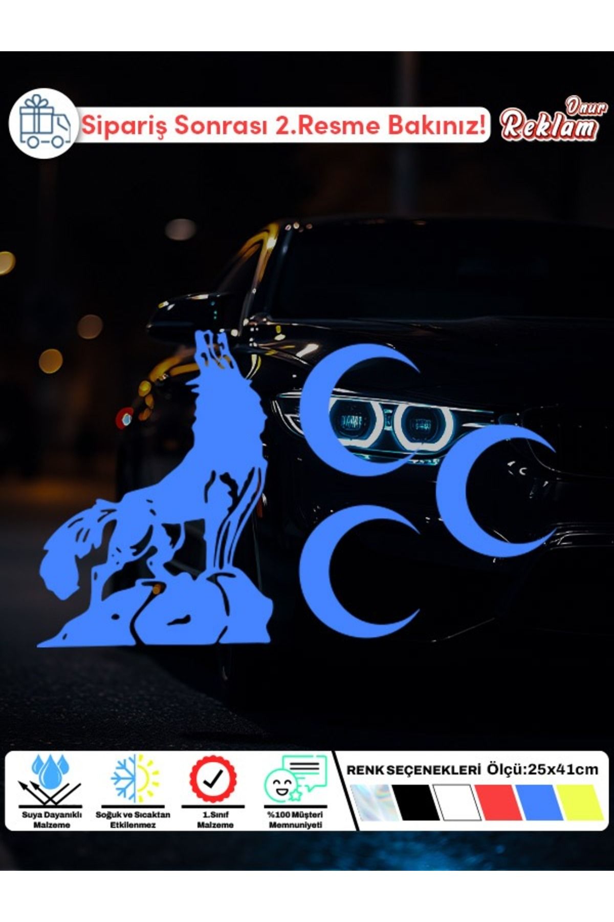 Onur Reklam Bozkurt & Üç Hilal Sticker | 25x41 cm Dış Mekan Araba Stickerı | Renk Seçenekli