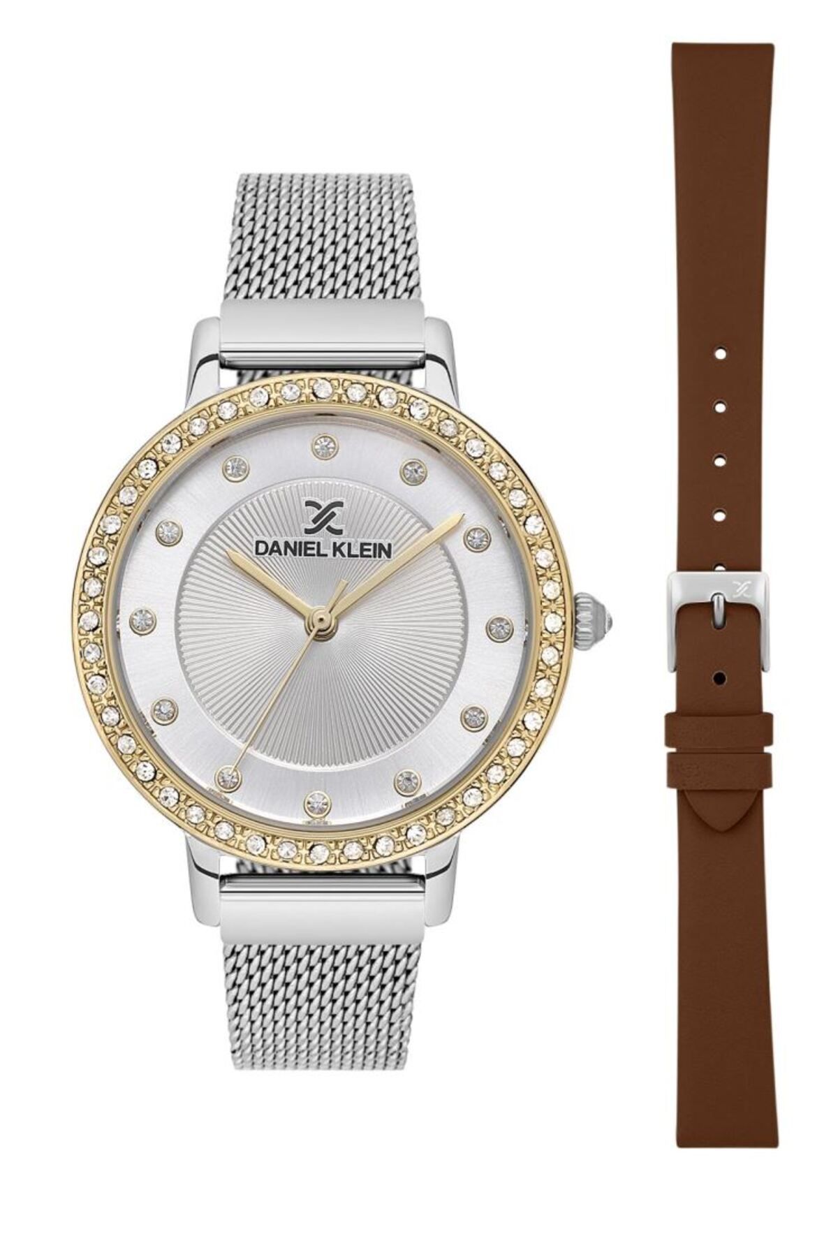 Daniel Klein Yeni Model Gold Gümüş Renk Kadın Kol Saati ve Kahverengi Renk Deri Kordon