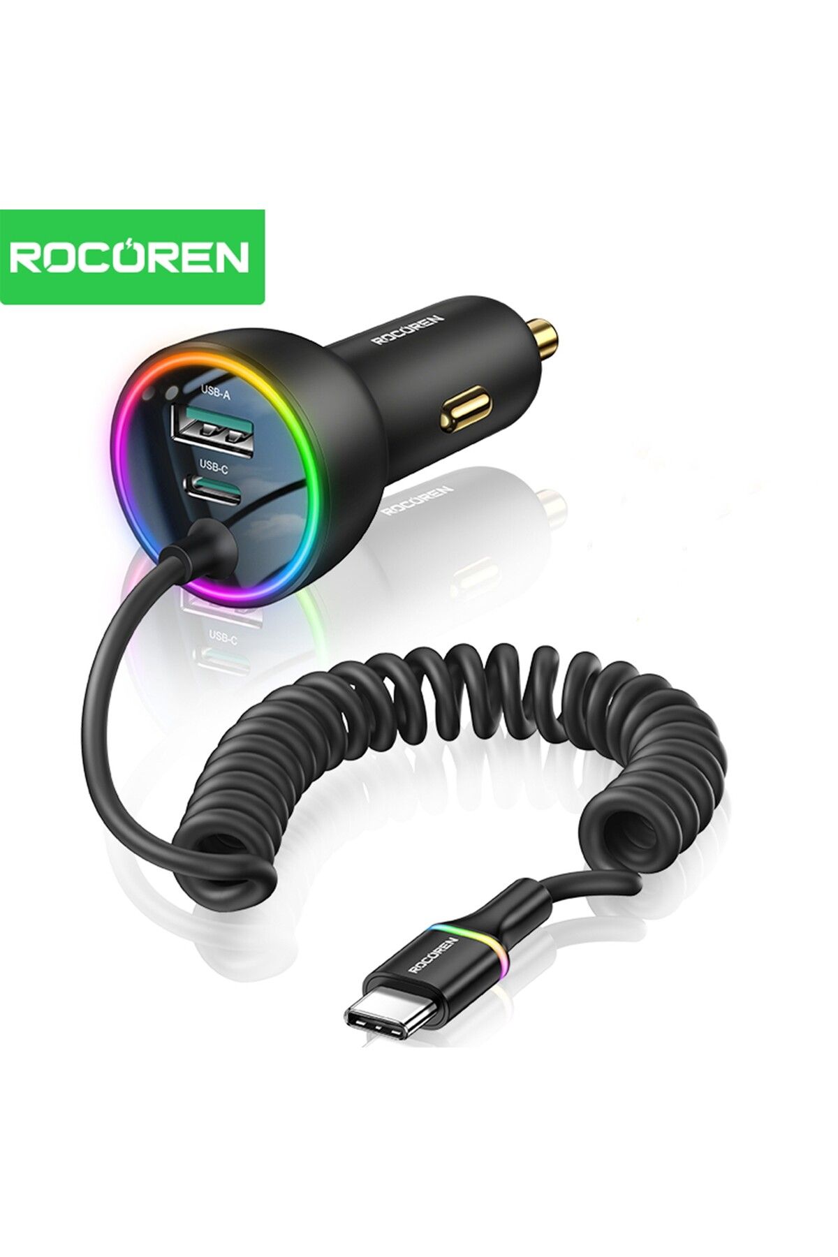 Rocoren 70W 3 Portlu 2*Type-C 1*USB-A Spiral Kablolu LED Işıklı Araç İçi Hızlı Şarj Cihazı
