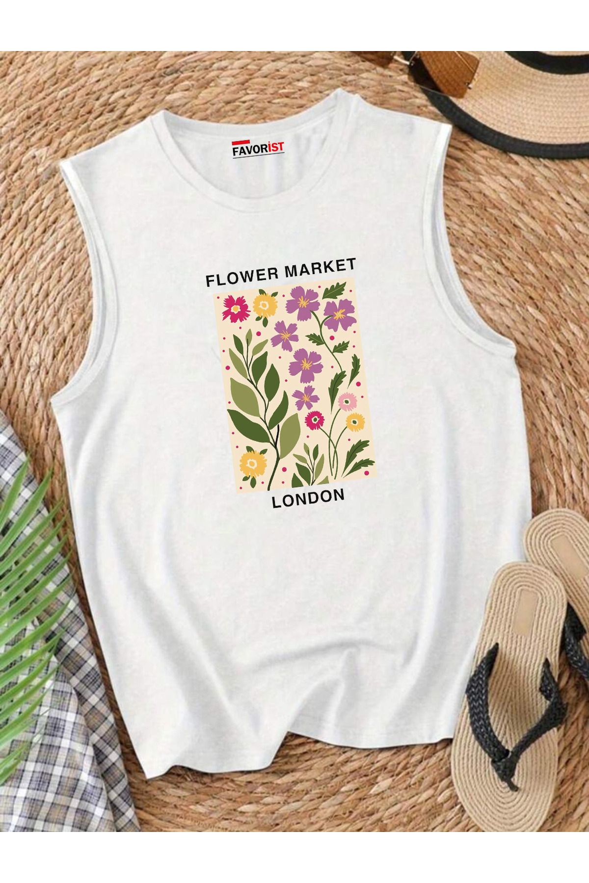 FAVORİST Şehrin Çiçekleri Omuzu Açık Kadın Pamuklu Kolsuz Yazlık T-shirt Atlet