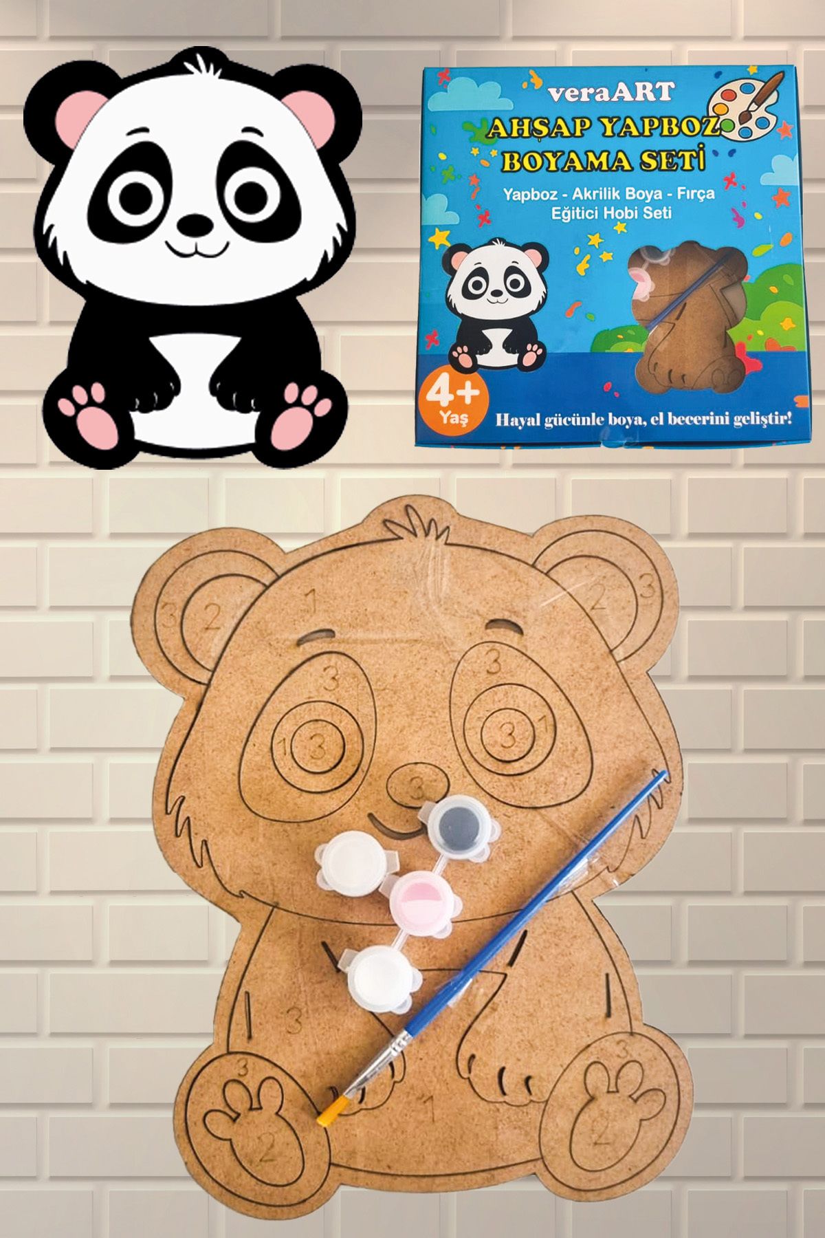 veraART Ahşap Panda Boyama Seti Yapboz Akrilik Boya Fırça Sanat Hobi Set Eğitici Boyama Oyuncak