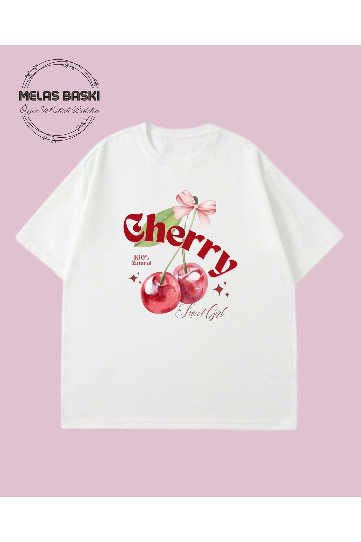 MELAS BASKI Pamuklu Oversize Cherry Baskılı Tişört
