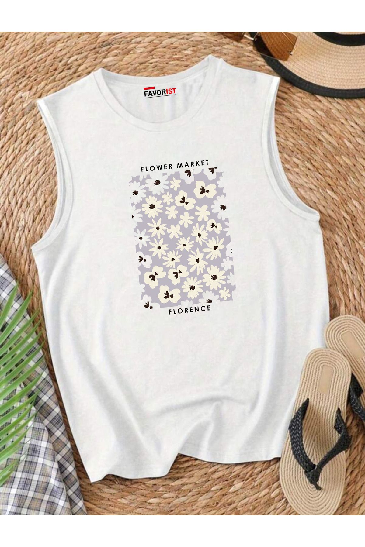 FAVORİST Şehrin Çiçekleri Omuzu Açık Kadın Pamuklu Kolsuz Yazlık T-shirt Atlet