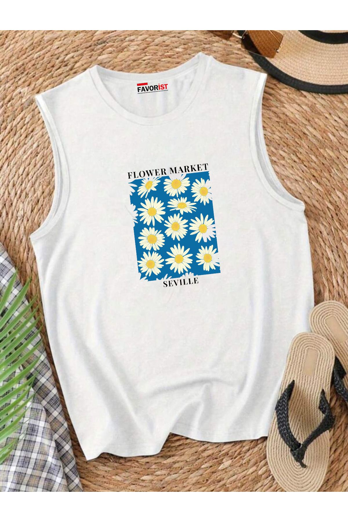 FAVORİST Şehrin Çiçekleri Omuzu Açık Kadın Pamuklu Kolsuz Yazlık T-shirt Atlet