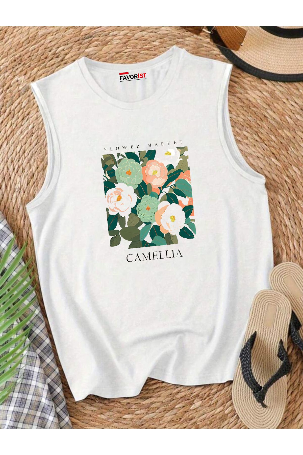 FAVORİST Şehrin Çiçekleri Omuzu Açık Kadın Pamuklu Kolsuz Yazlık T-shirt Atlet