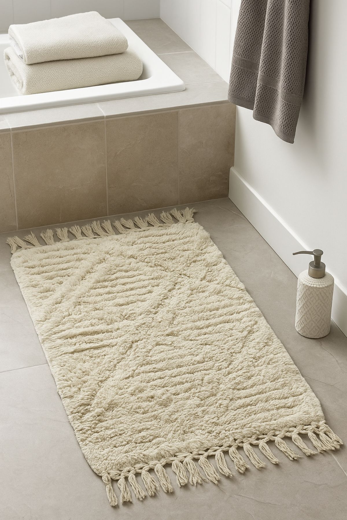 SETABIANCA %100 Pamuklu Püsküllü Banyo Paspası 50x80 cm – Yumuşak Dokulu, Su Emici Banyo Halısı