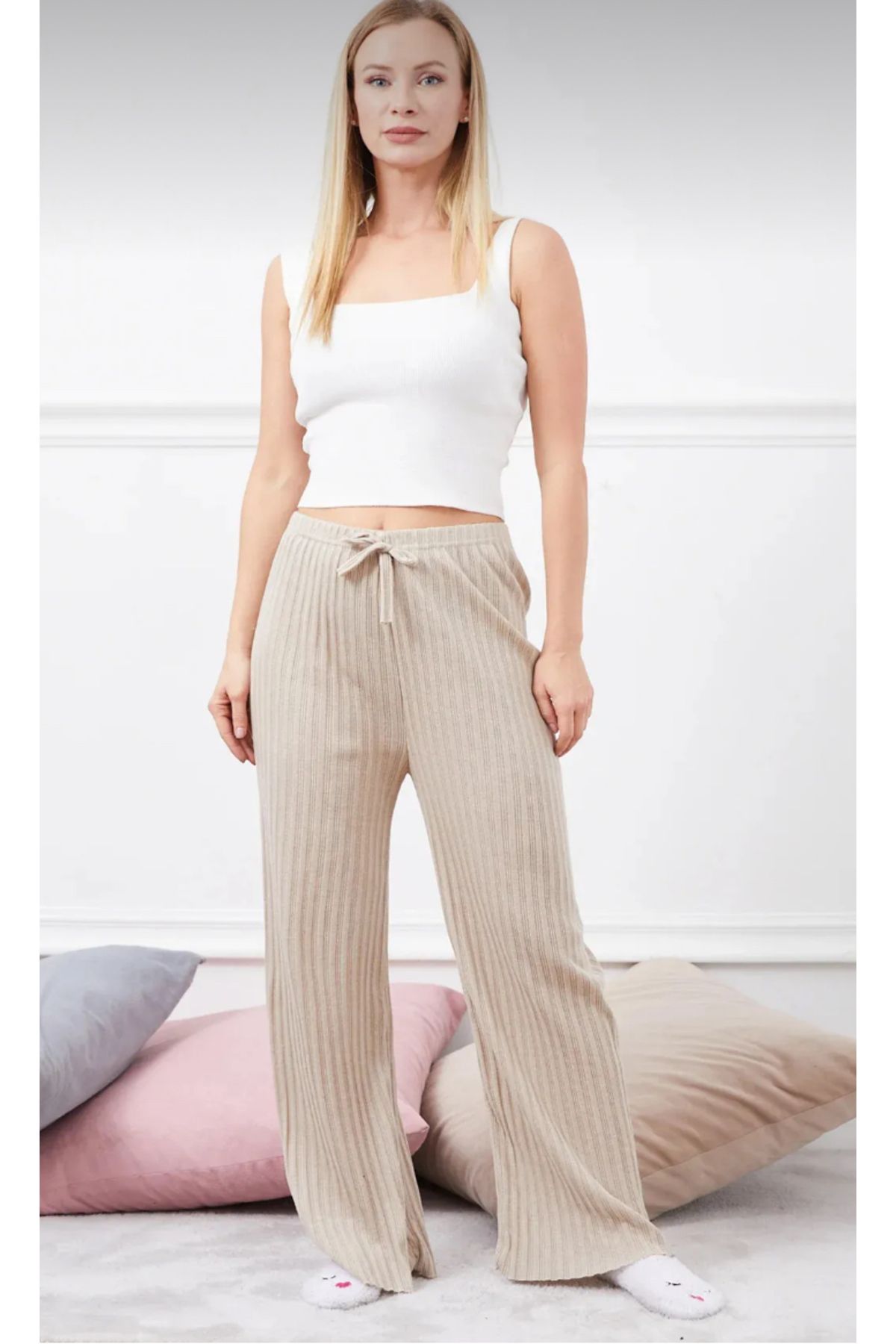 BİGÜMEX Fitilli Bej Yazlık İnce Pantolon